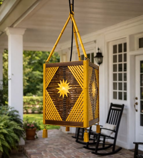 Handcrafted Bamboo Hanging Lantern   Cube Design with Sunburst Pattern