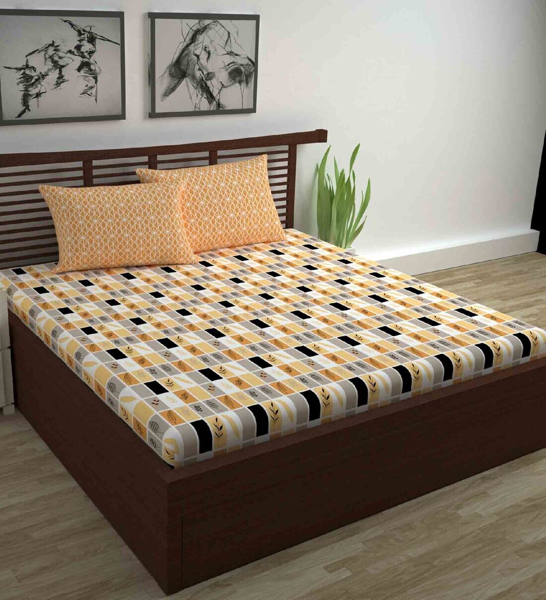 Buy Brown Geometric 144 TC Cotton Queen Sized Bed Sheets with 2 Pillow