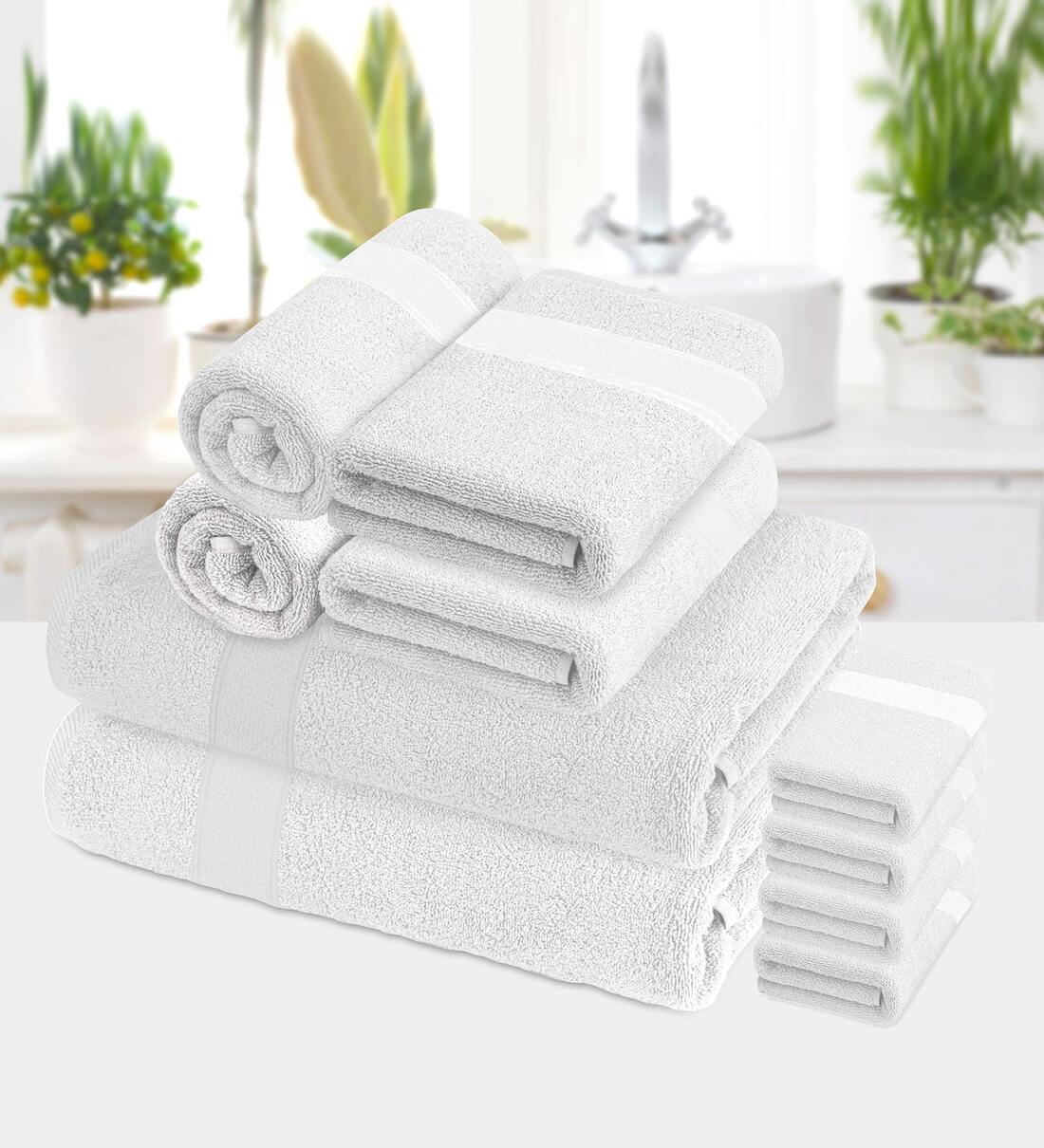 Buy White 100 Cotton Solid 370 GSM Towel Set (Set of 10) Aquacado