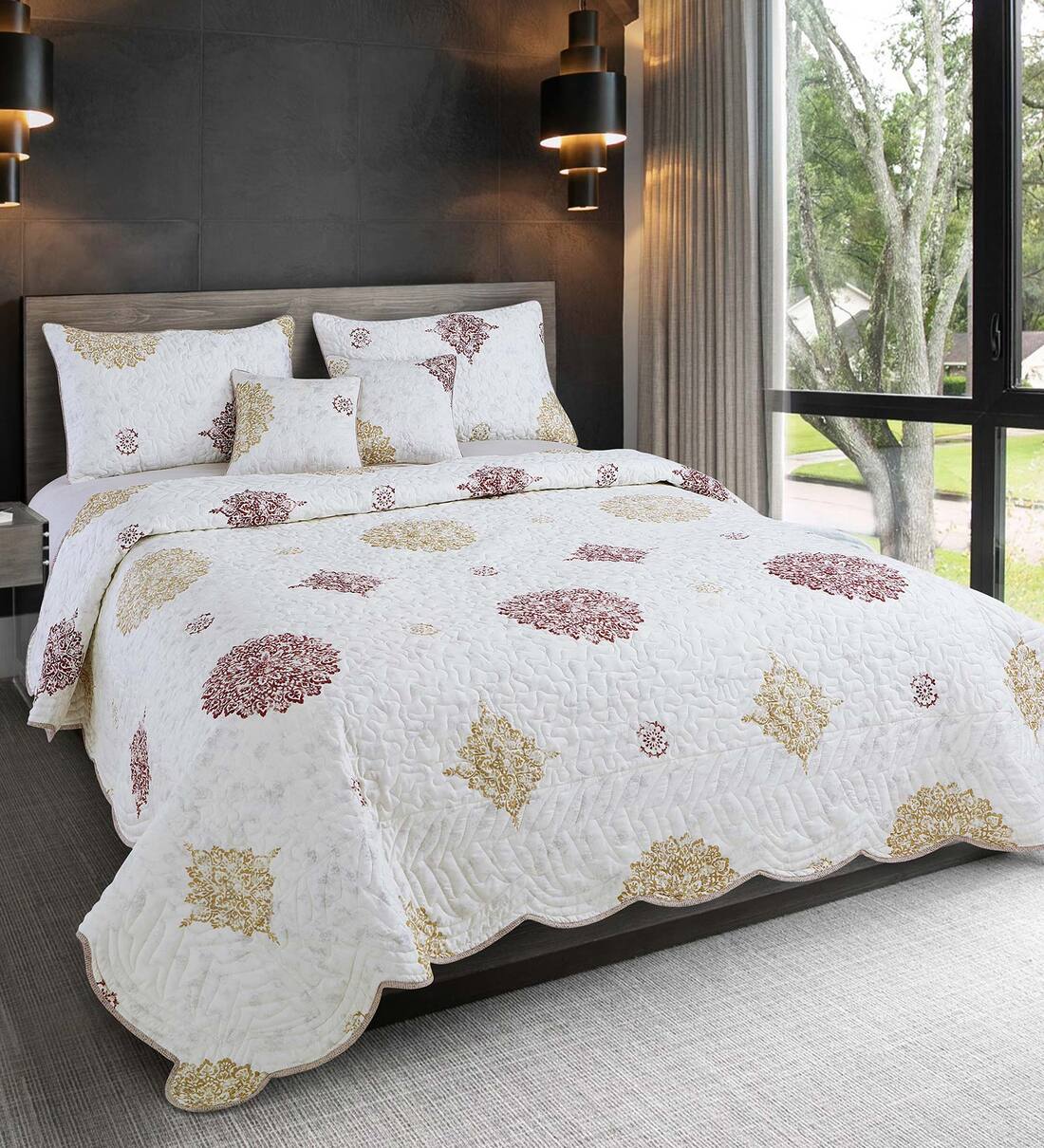 Buy White Abstract 250 TC Cotton Quilted Double Bed Cover with 2 Pillow