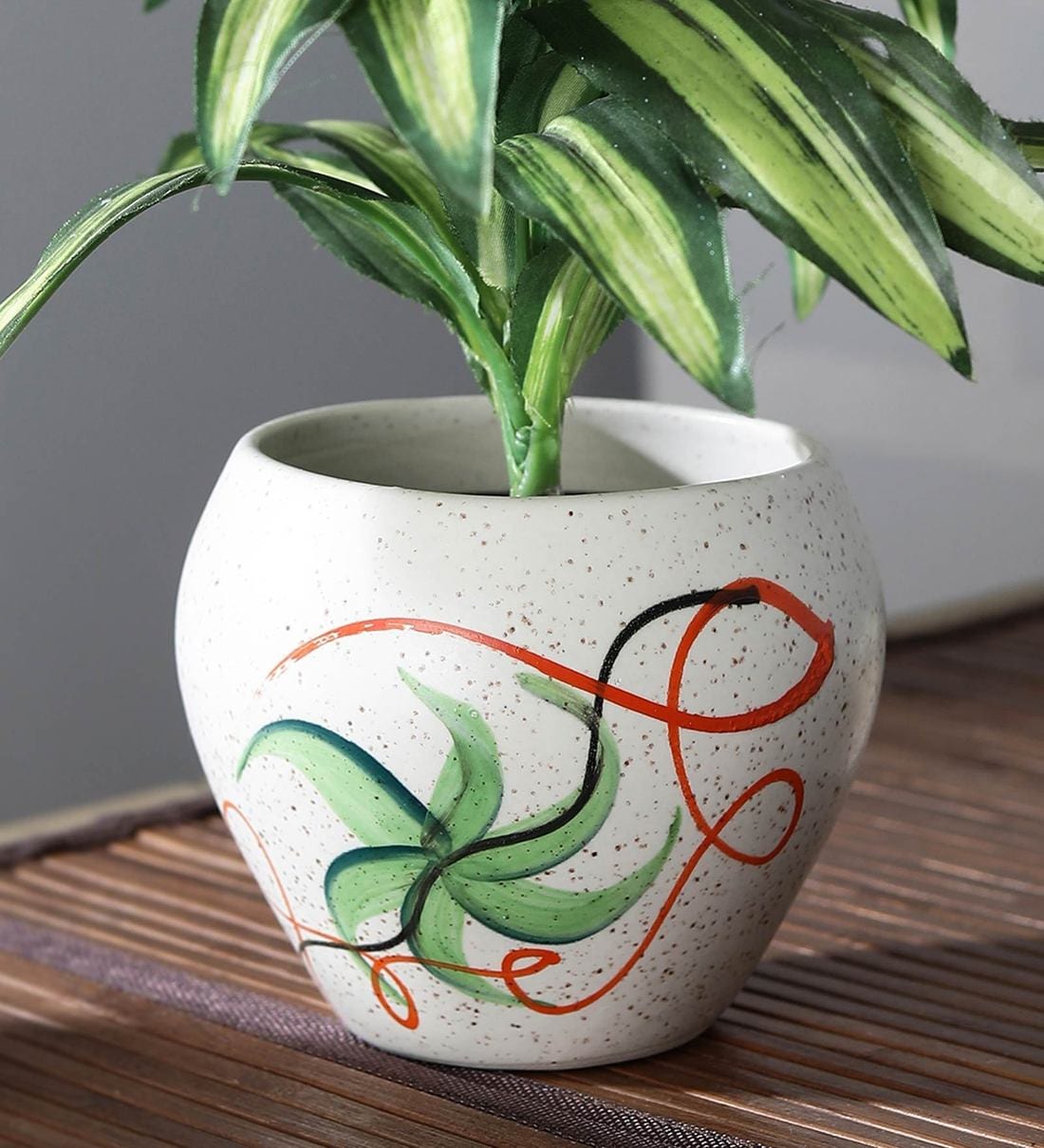 Buy White Ceramic Matki shaped Flower  print flower pot  by 