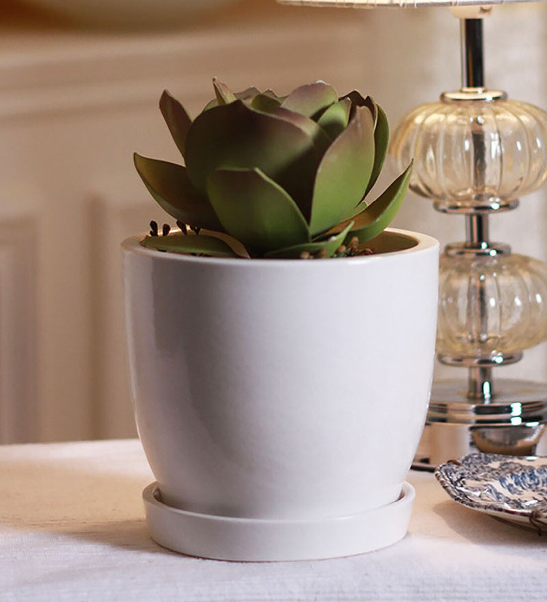 Buy White Ceramic Table Top Planter with Saucer by Decardo Online