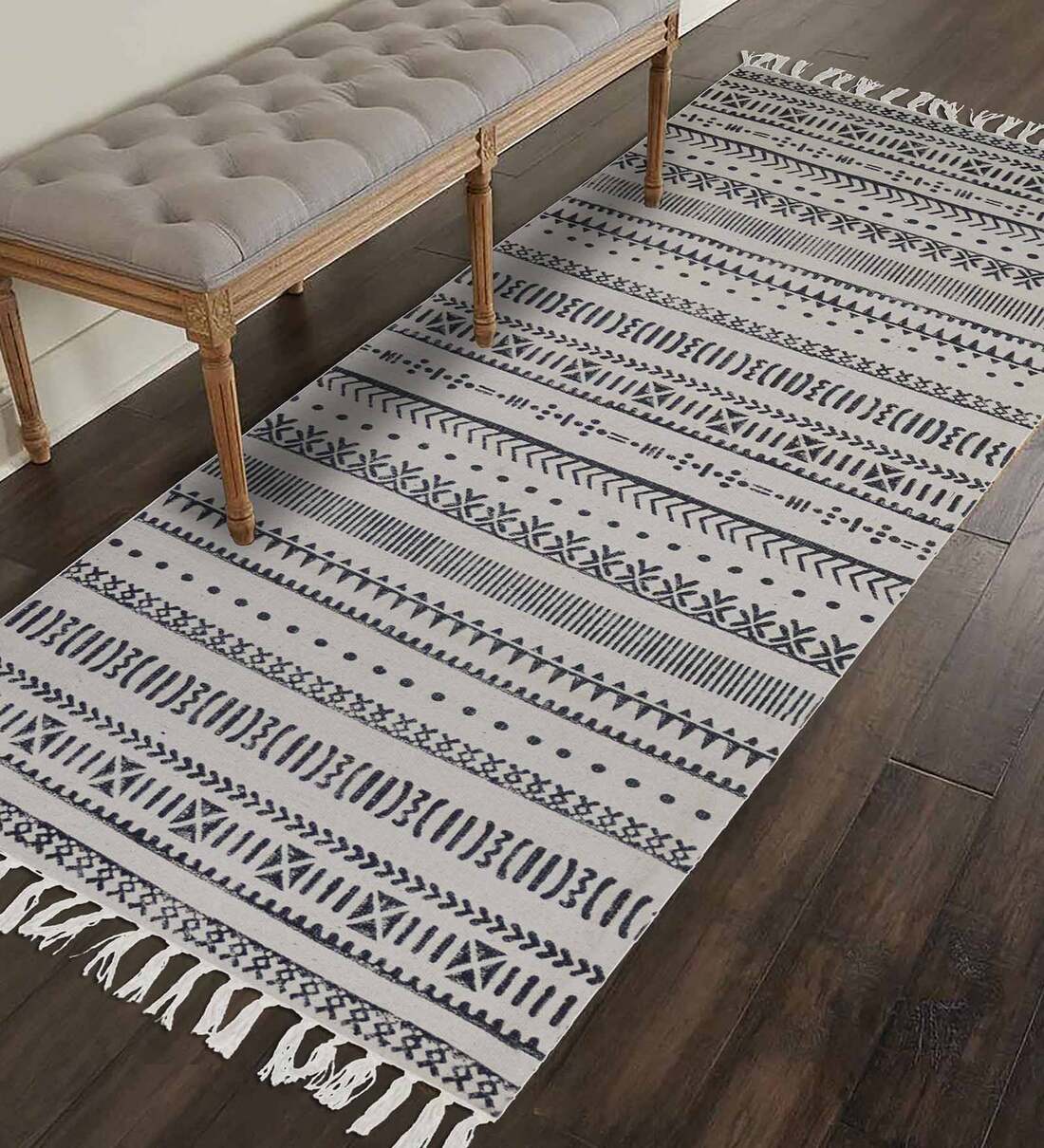 Buy White Cotton Abstract 72x24 Inches Bedside Runner by Potlistudio