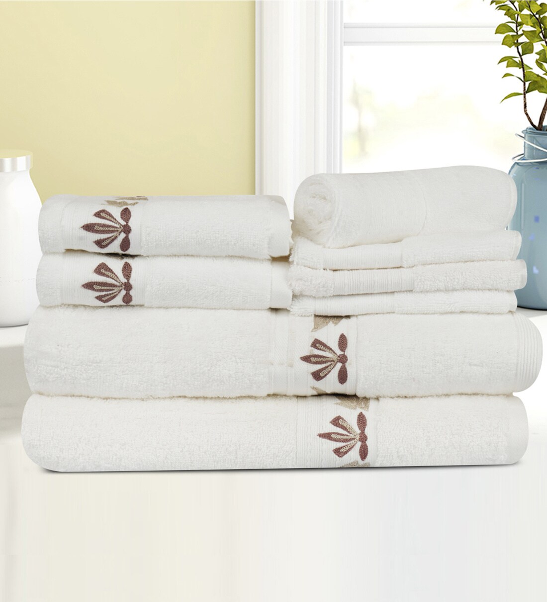 Buy White Cotton Patterned 500 GSM Towel Set 8 Pieces by Lush & Beyond at 60 OFF by LUSH