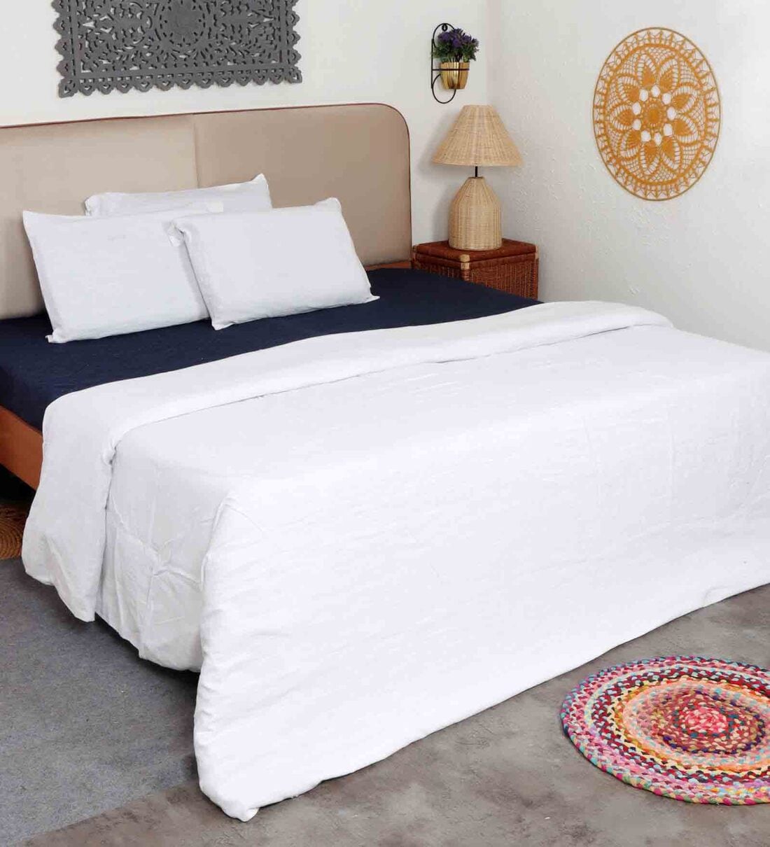 Buy White Cotton Solid 350 GSM Double Bed Cover with 2 Pillow Covers by