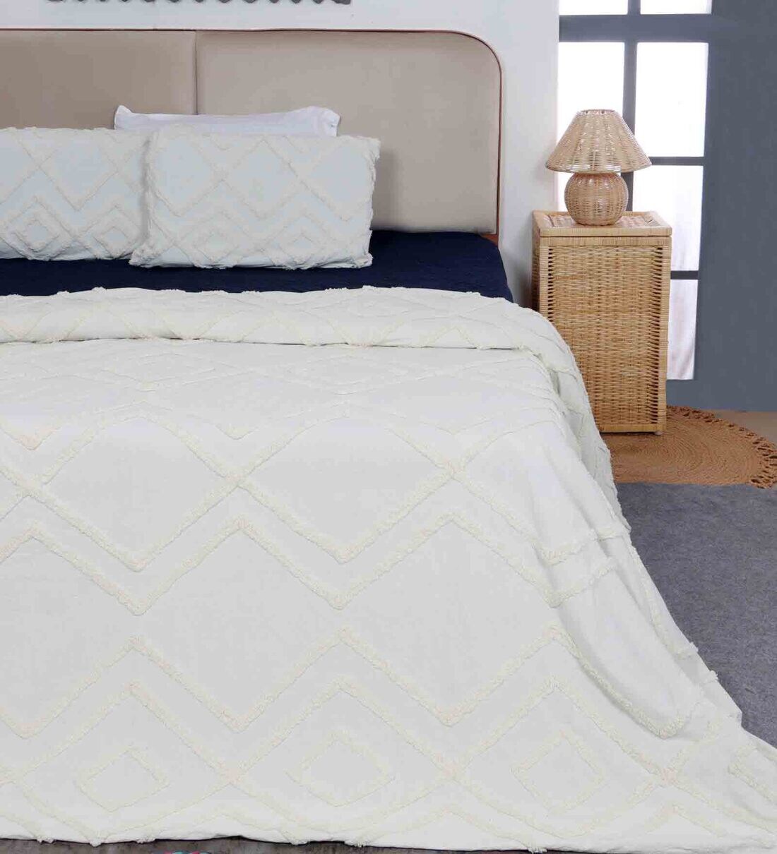 Buy White Cotton Solid 350 GSM Double Bed Cover with 2 Pillow Covers by