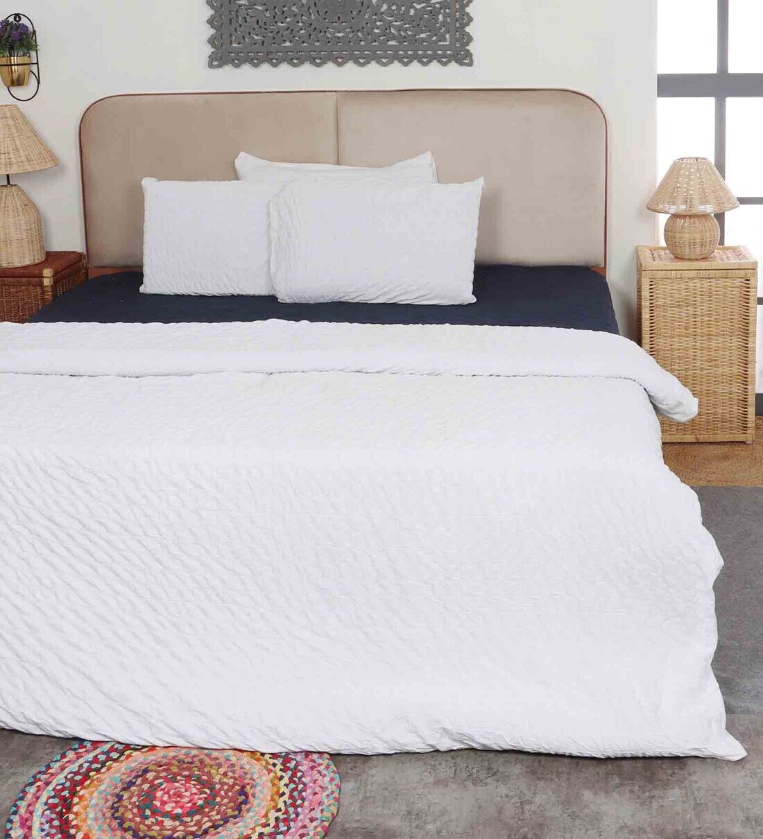 Buy White Cotton Solid 350 GSM Double Bed Cover with 2 Pillow Covers by