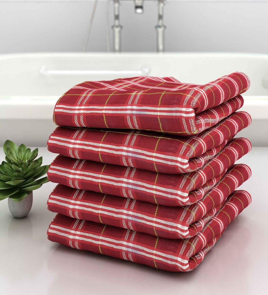Buy White Diamond Border 210 GSM 100 Cotton Bath Towel (Set of 5) by
