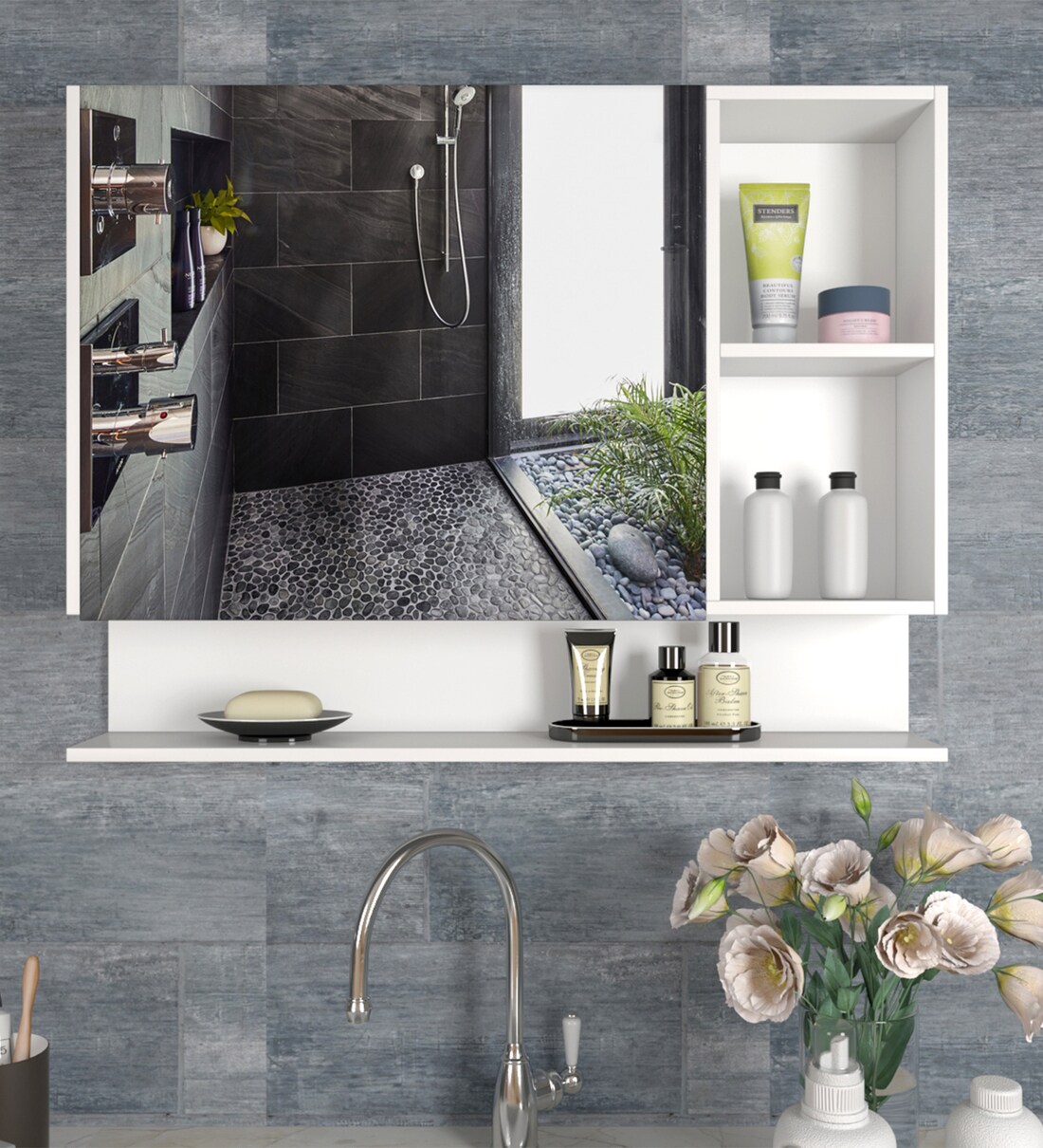 Buy White Engineered Wood Bathroom With Mirror by WallMantra at