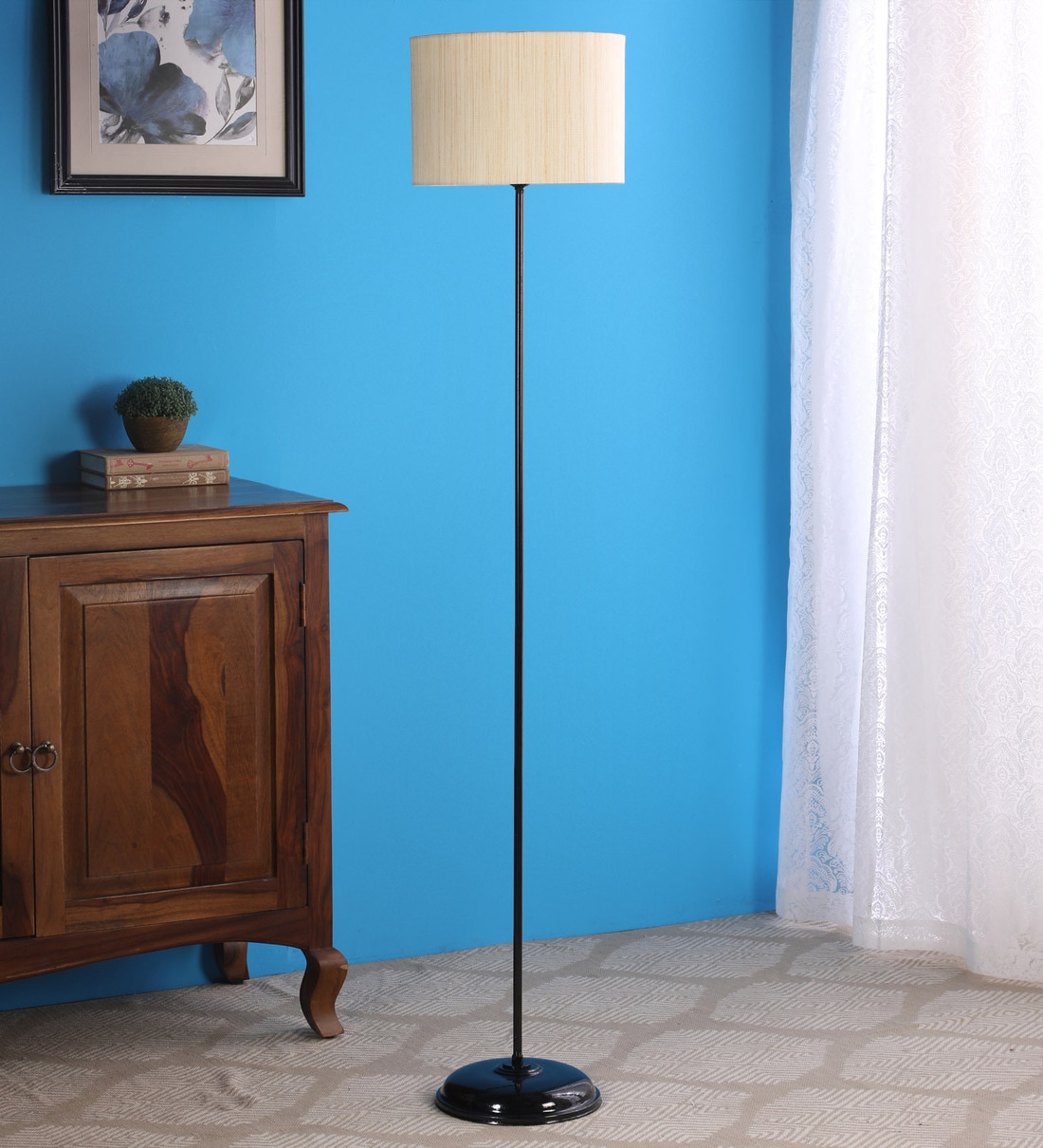 Buy White Fabric Shade Floor Lamp With Black Base By Tu Casa Online
