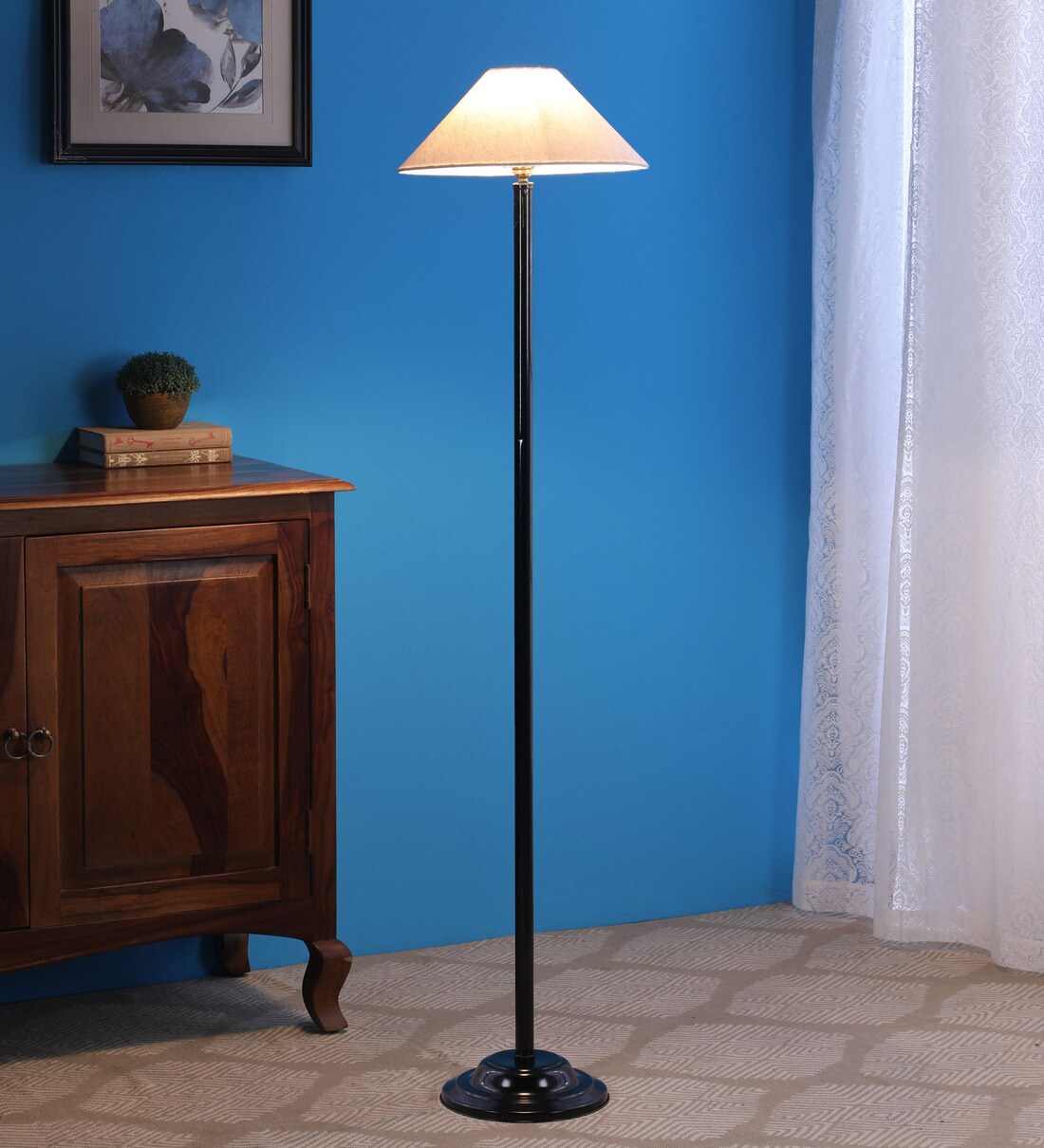 Buy White Fabric Shade Floor Lamp with Black Base by Tu Casa at 45 OFF
