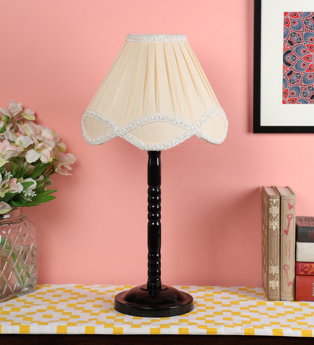 Buy White Fabric Shade Table Lamp with Black Base by Tu Casa Online