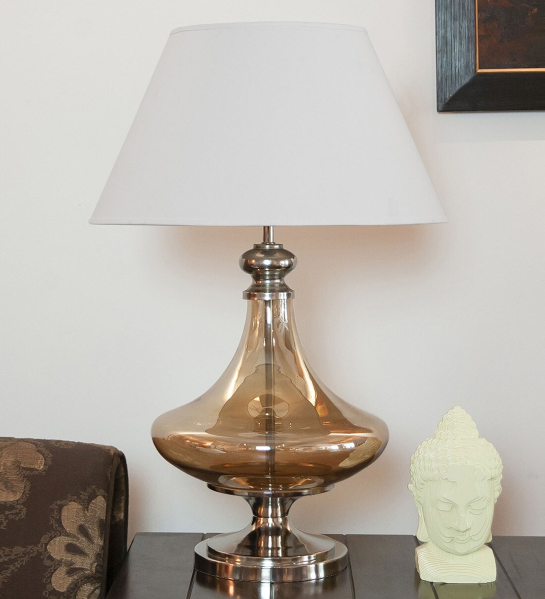 Buy White Fabric Shade Table Lamp With Gold Base By Kapoor E