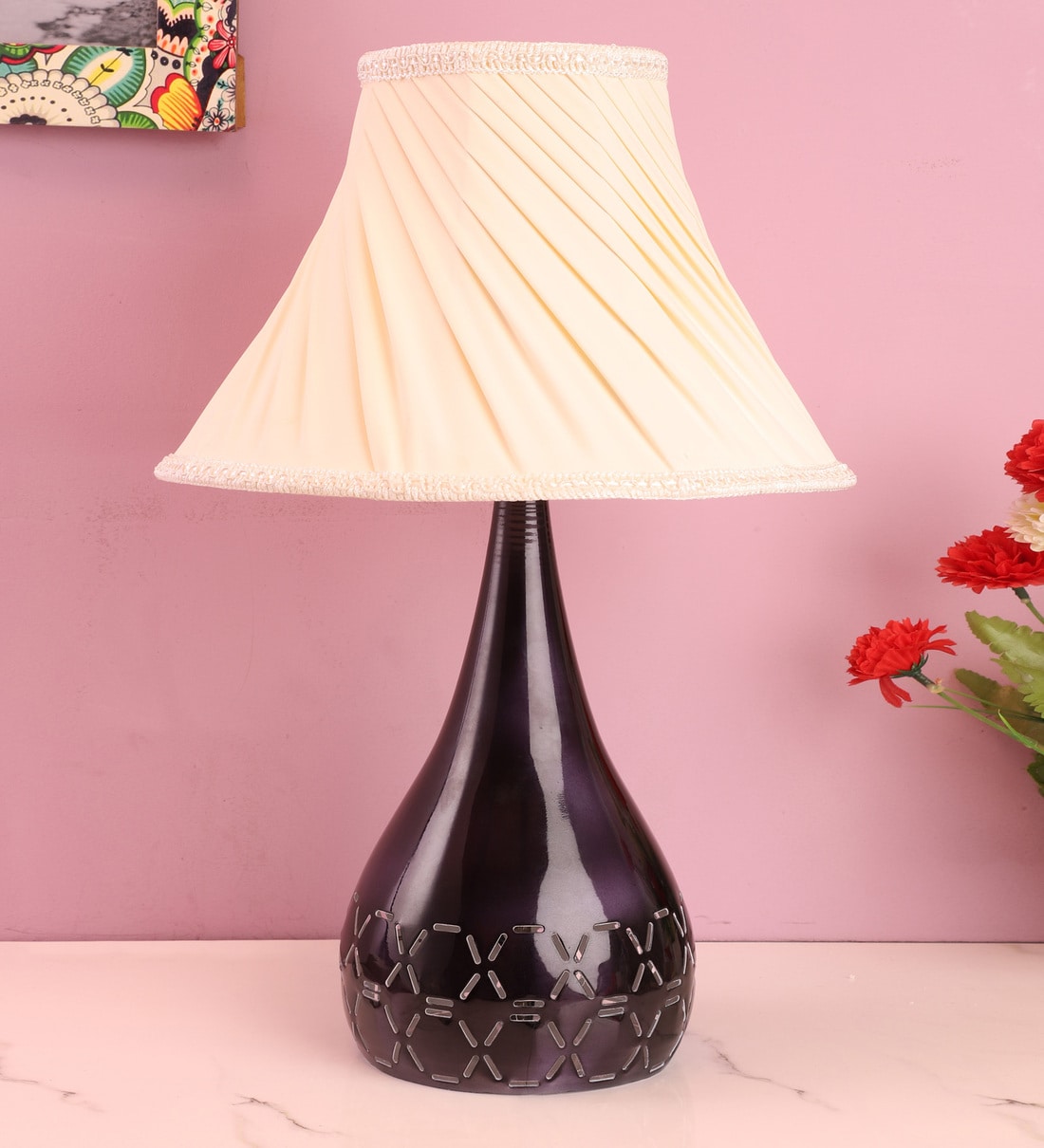 Buy White Fabric Shade Table Lamp with Black Base by Foziq Online