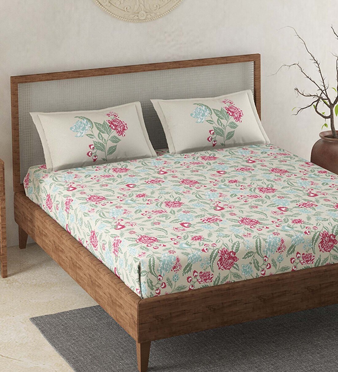 Buy White Floral 120 TC 100 Cotton Queen Sized Bed Sheets with 2