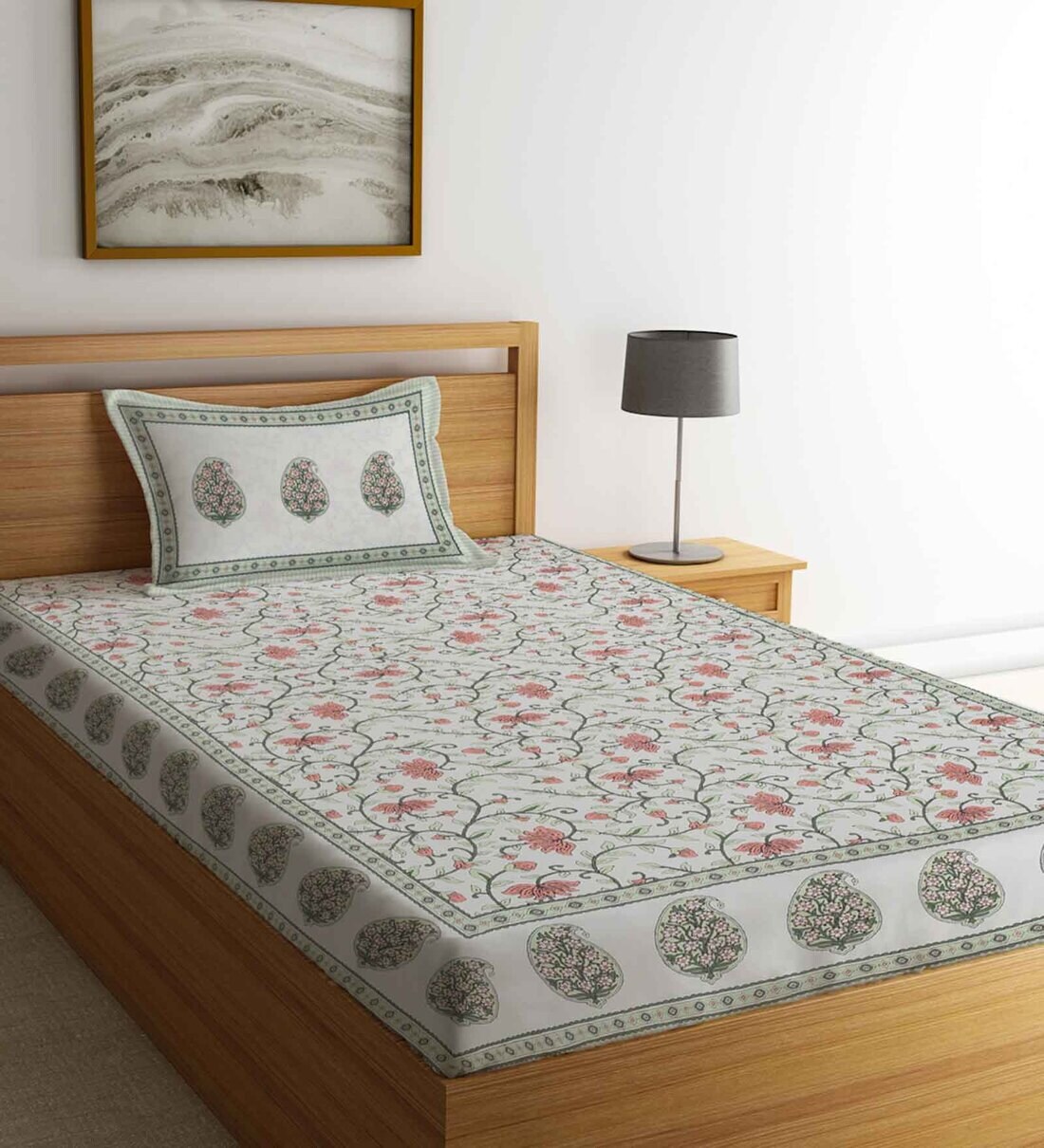 Buy White Traditional 144 TC 100 Cotton Single Bed Sheet with Pillow