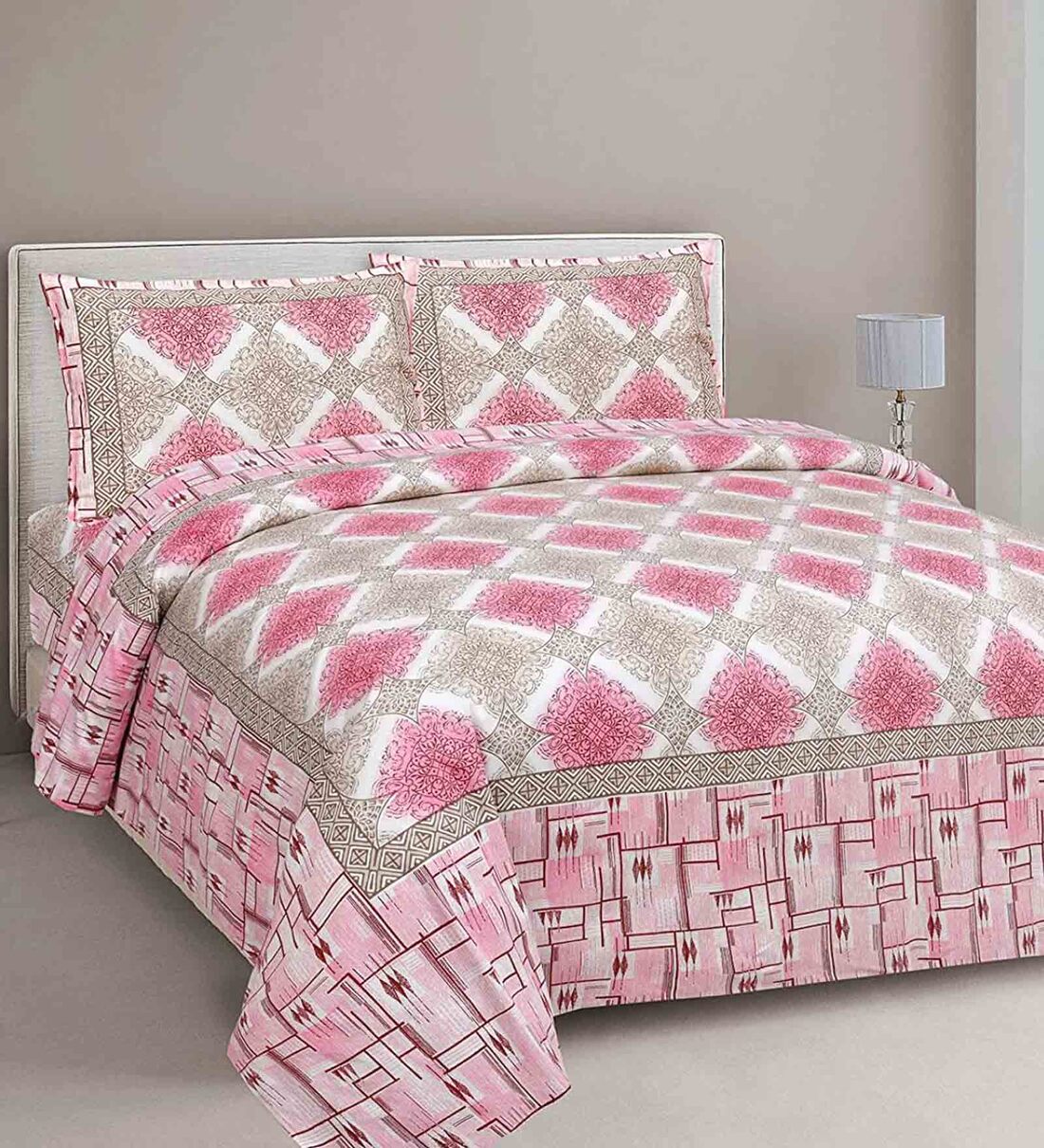 Buy Pink Geometric 240 TC Cotton King Sized Bed Sheets with 2 Pillow