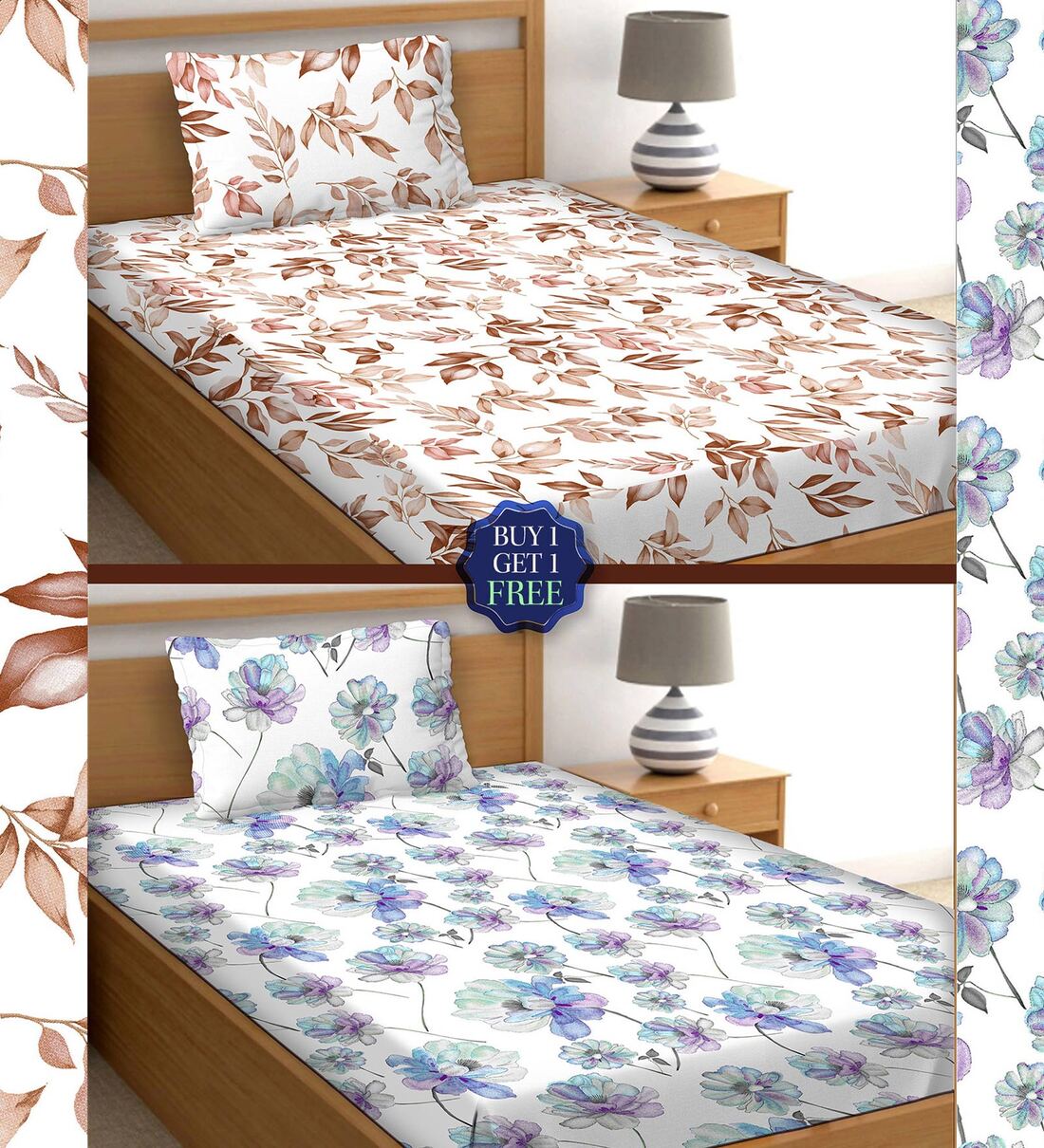 Buy White Floral 250 TC Cotton 2 Single Bedsheet With 2 Pillow Covers Orra Collection by Bella