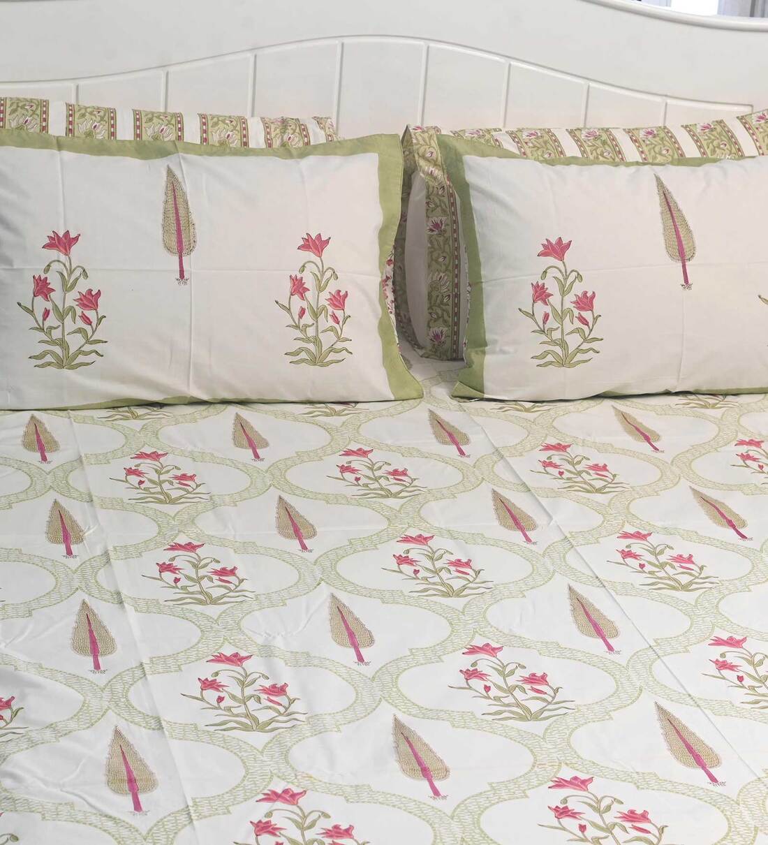 Buy White Floral 300 TC 100 Queen Size Bedsheet With 2 Pillow Covers