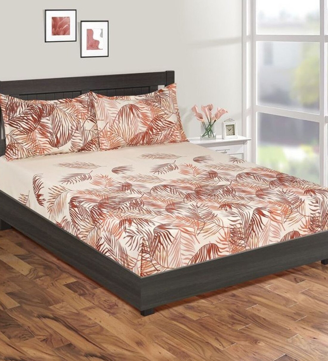 Buy Orange Floral 144 TC Cotton Blend Queen Sized Bed Sheets with 2