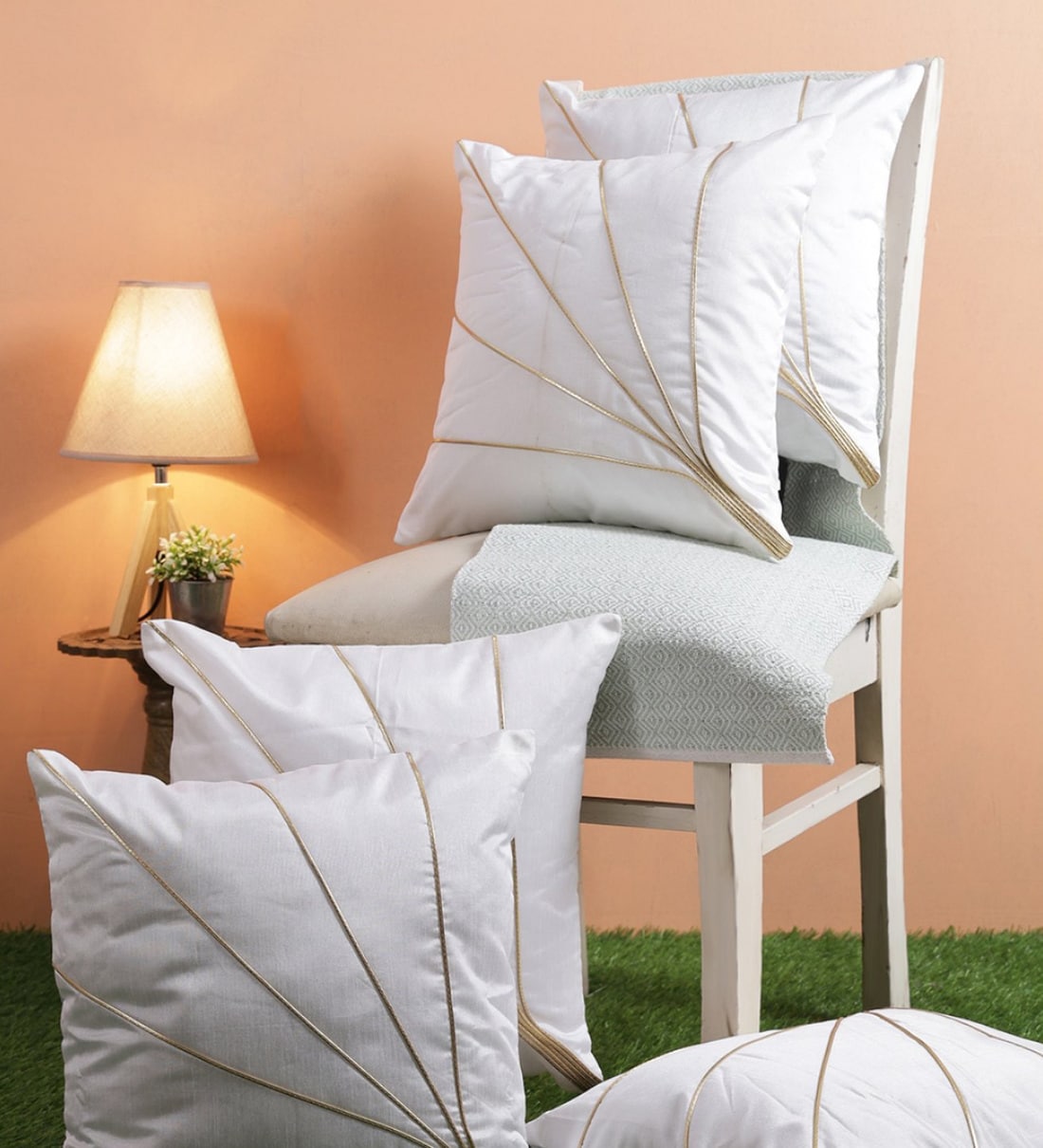 Buy White Geometric Polyester 16 x 16 Inches Cushion Cover (Set of 5