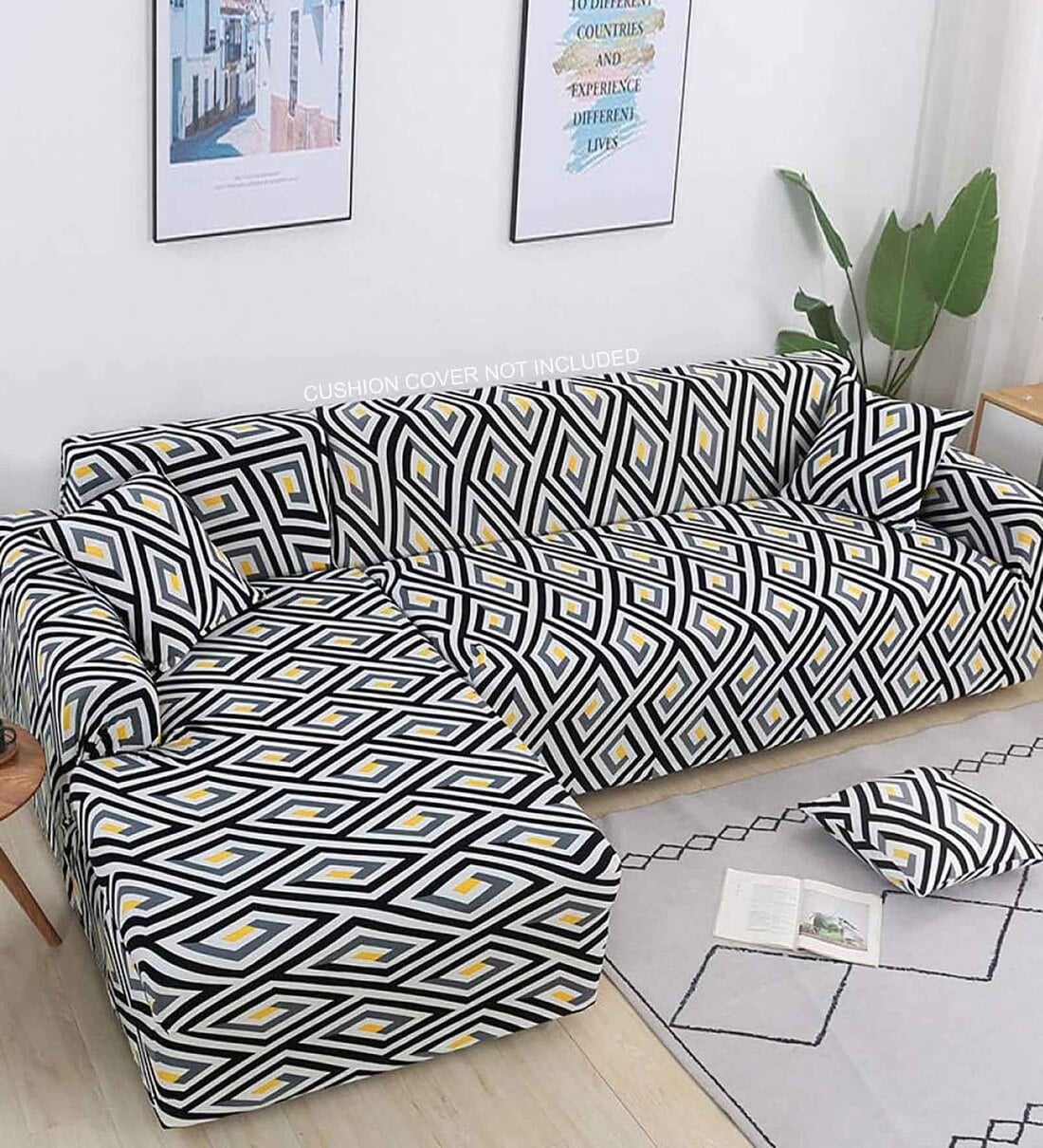 Buy White Geometric Viscose and Polyester (3 + Lounge) LShaped