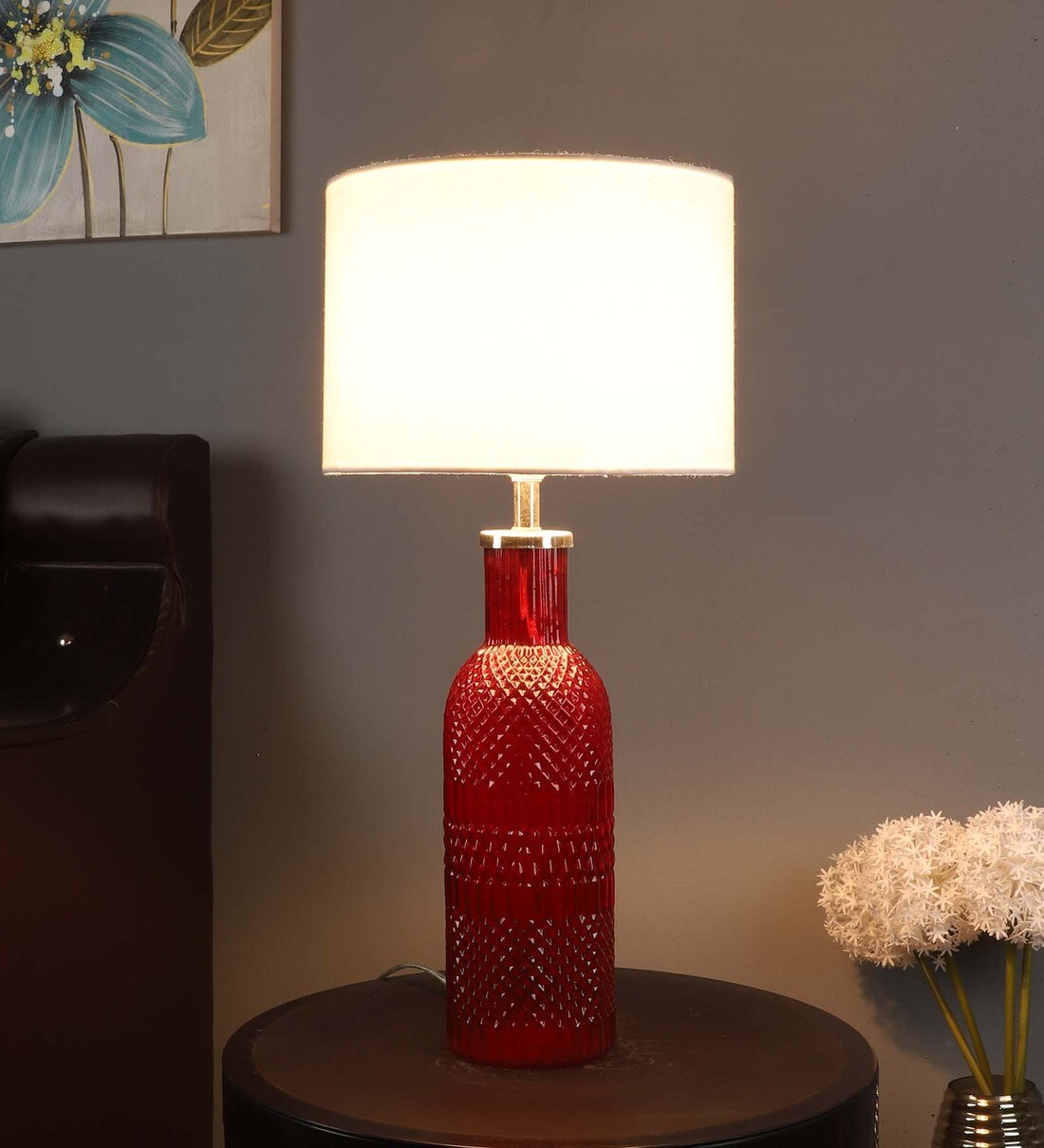 Buy White Iron & Cloth Shade Table Lamp With Red Base By Sapphire at 52