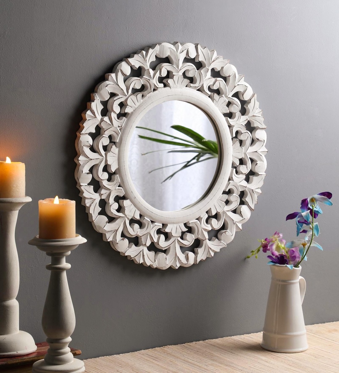 Buy Mango Wood Round Wall Mirror in White colour by The Urban Store