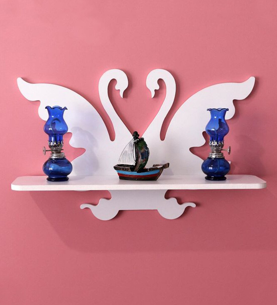 Buy Engineered Wood Swan Design Floating Wall Shelf in White Colour by