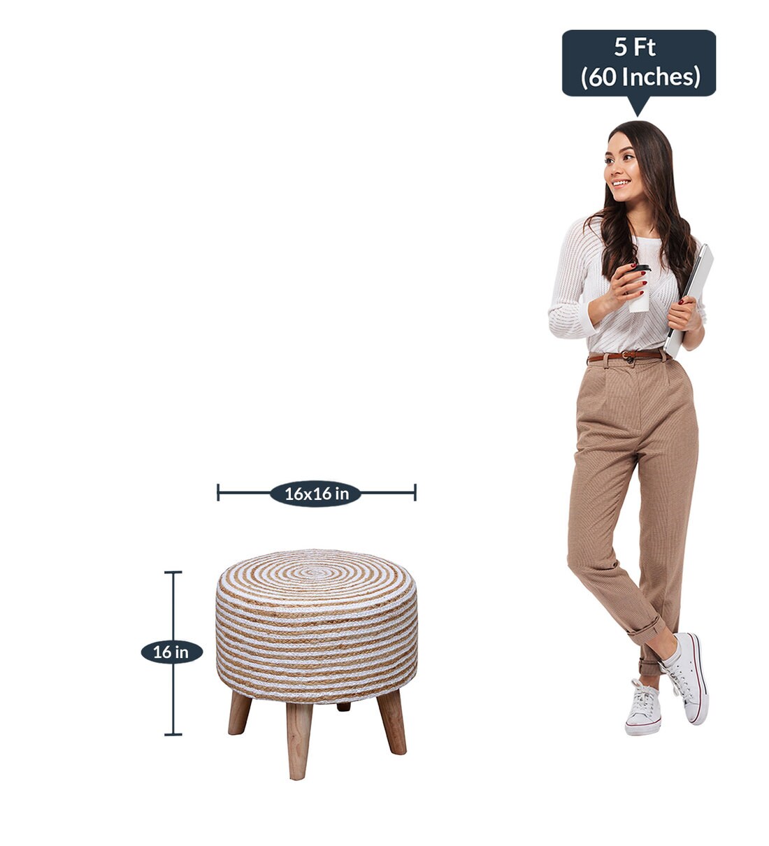 Buy Jute Braided Puffy Stool in White and Natural Colour by Sheen Decor