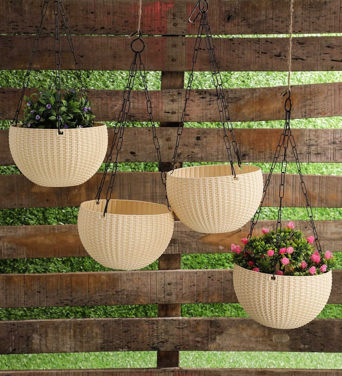 Buy White Plastic Garden Essential Hanging Planter with Elegant Wicker