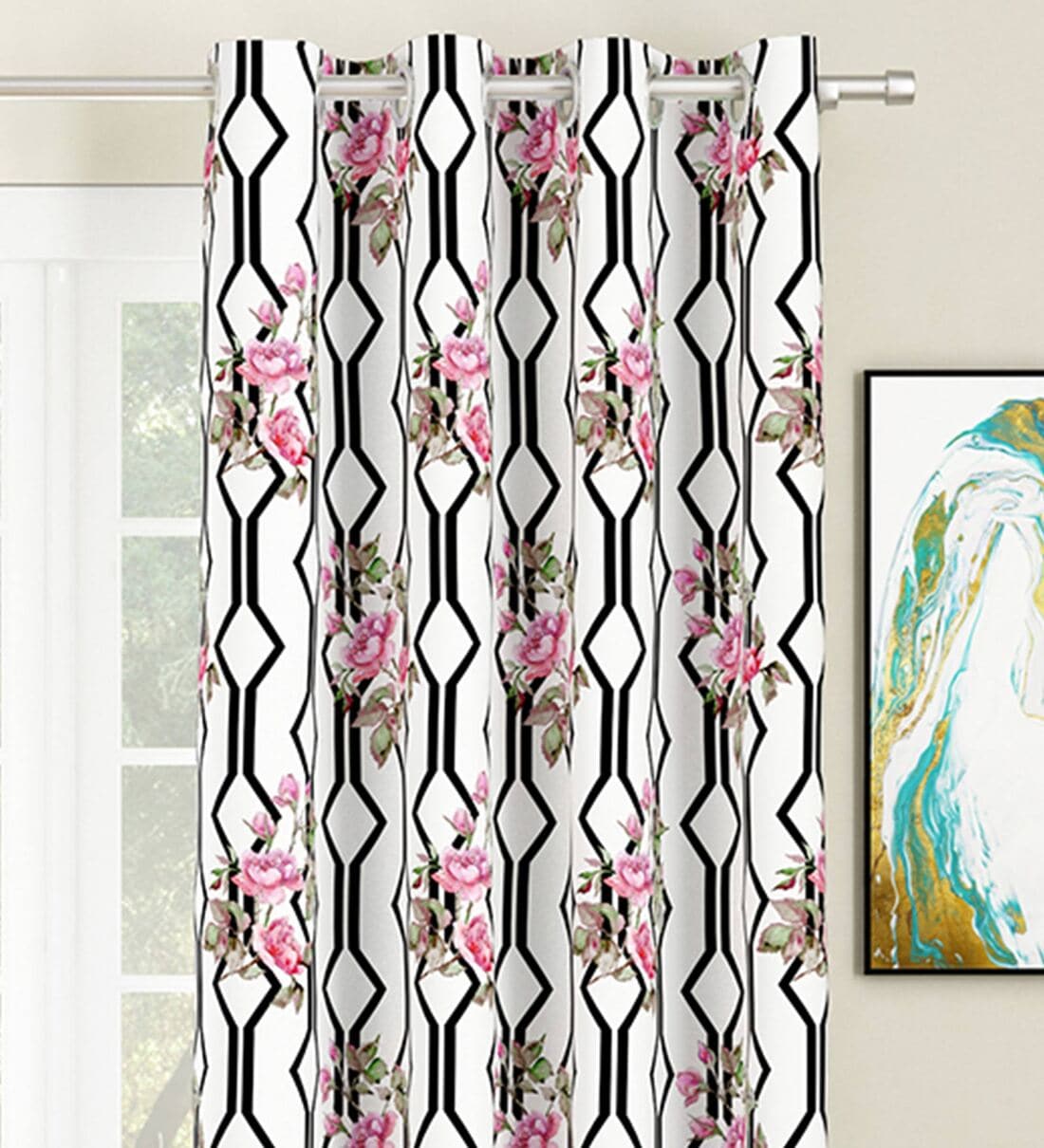 Buy White Floral Polyester 5 Ft Light Filtering Eyelet Window Curtains (Set of 2) by SEJ By