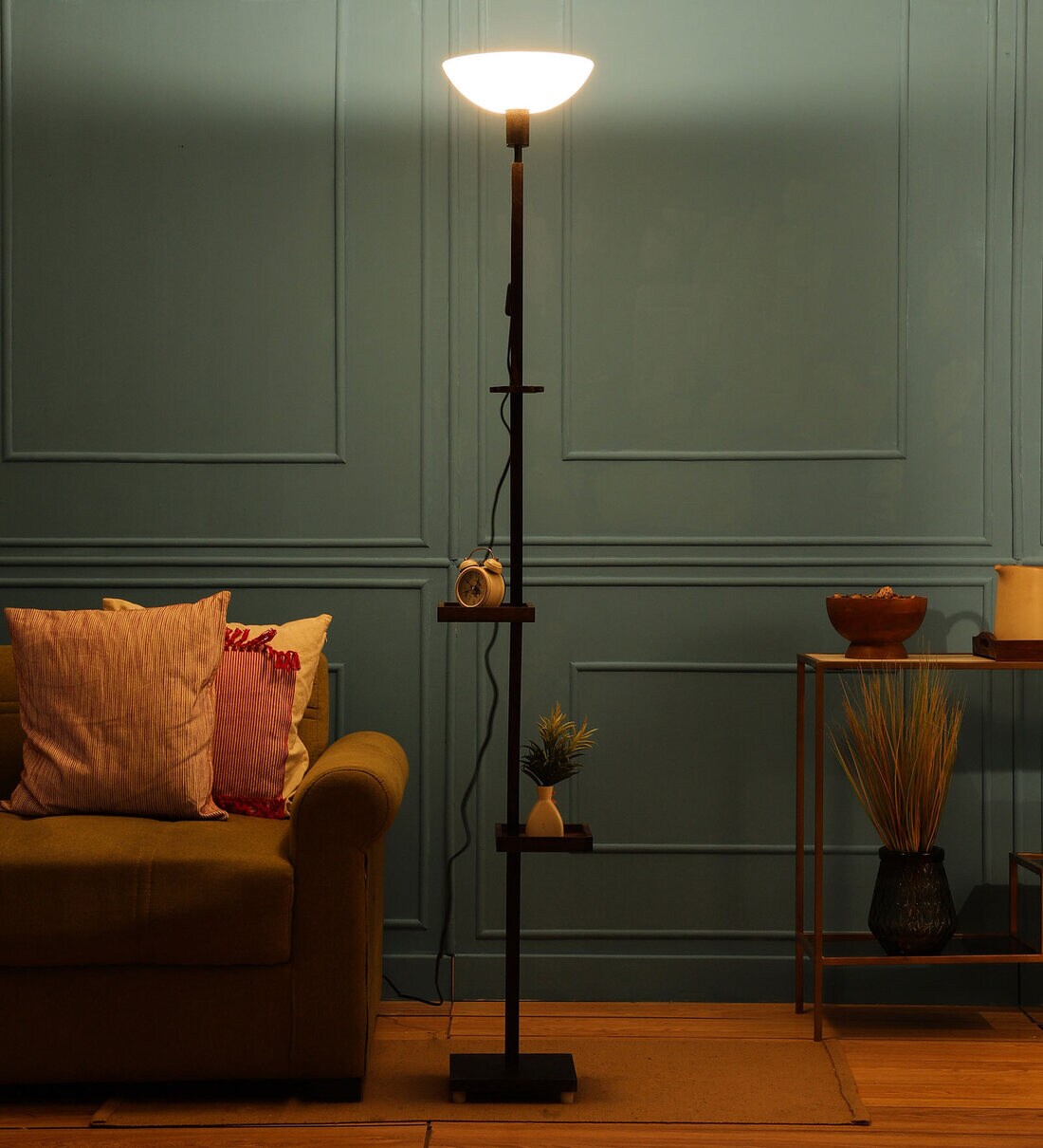 Buy Classic White Cotton Fabric Shade Shelf Floor Lamp With Wood Base