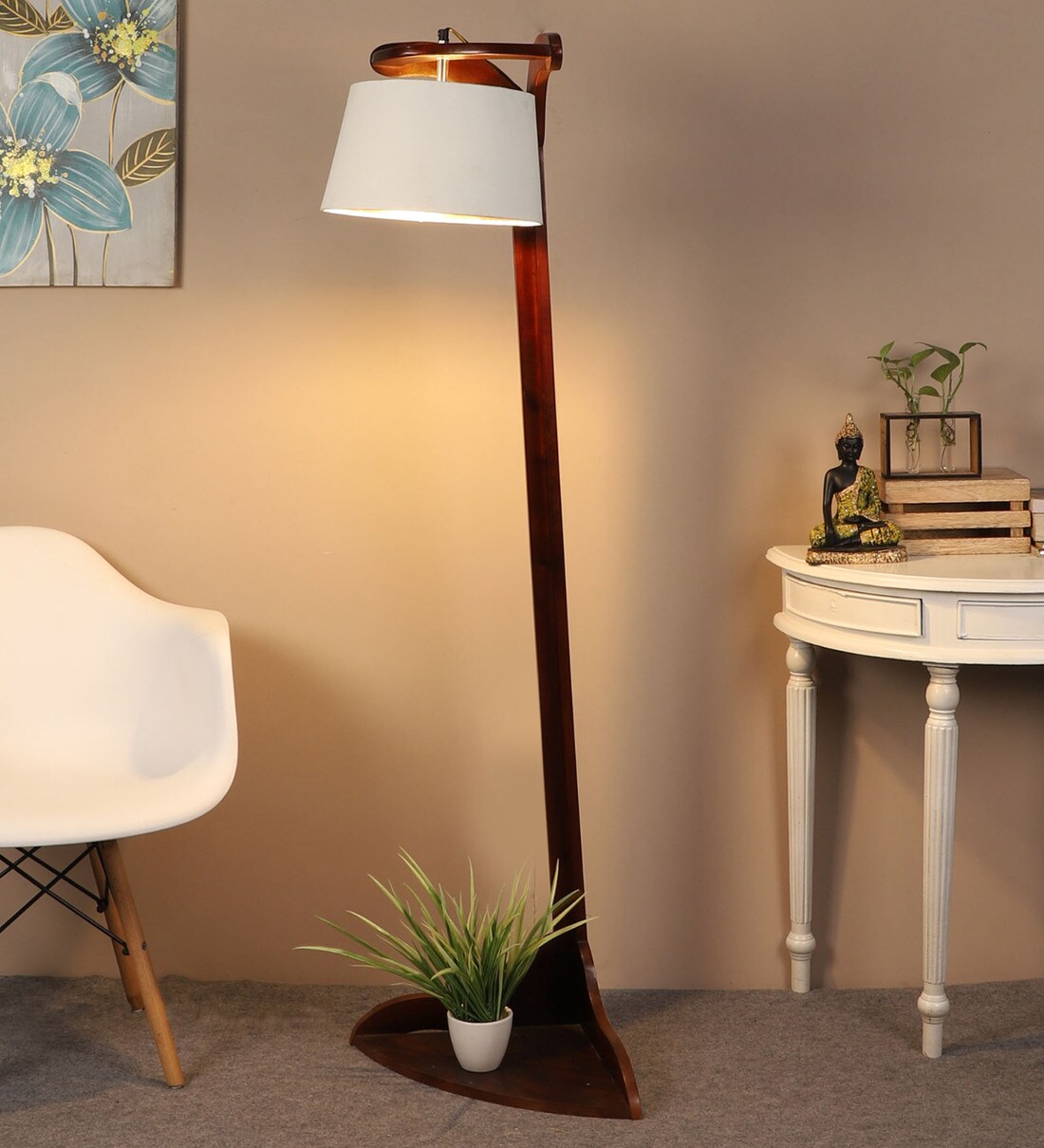 Buy White Shade Floor Lamp With Mango Wood Base By The Lighting Hub