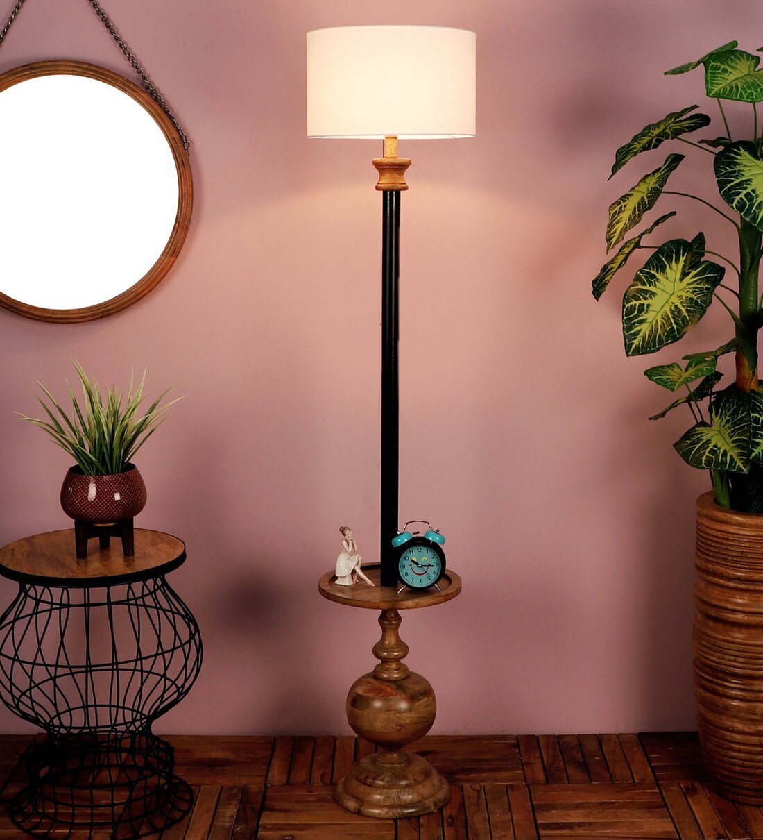 Buy Felicity White Cotton Shade Shelf Floor Lamp With Mango wood Base