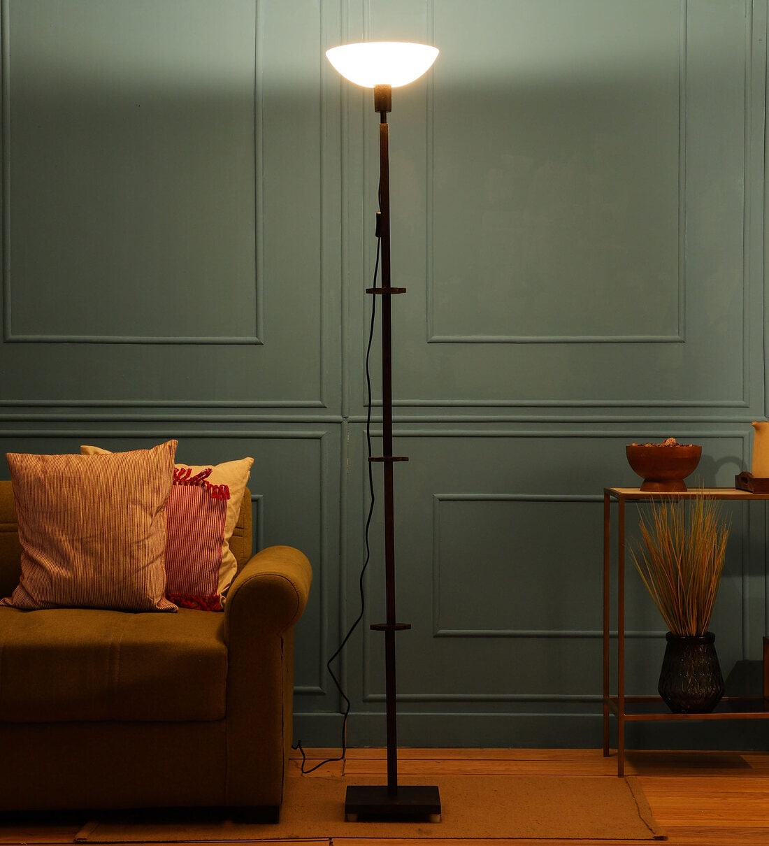 Buy White Cotton Fabric Shade Torchiere Floor Lamp With Wood Base at 50