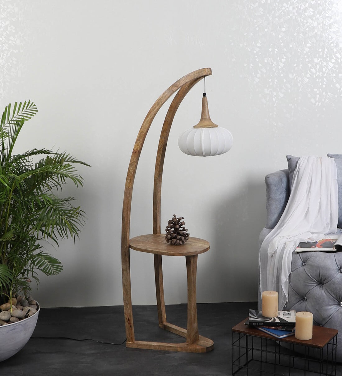 Buy Voila White Iron Shade Shelf Floor Lamp With Wood Base By Sapphire