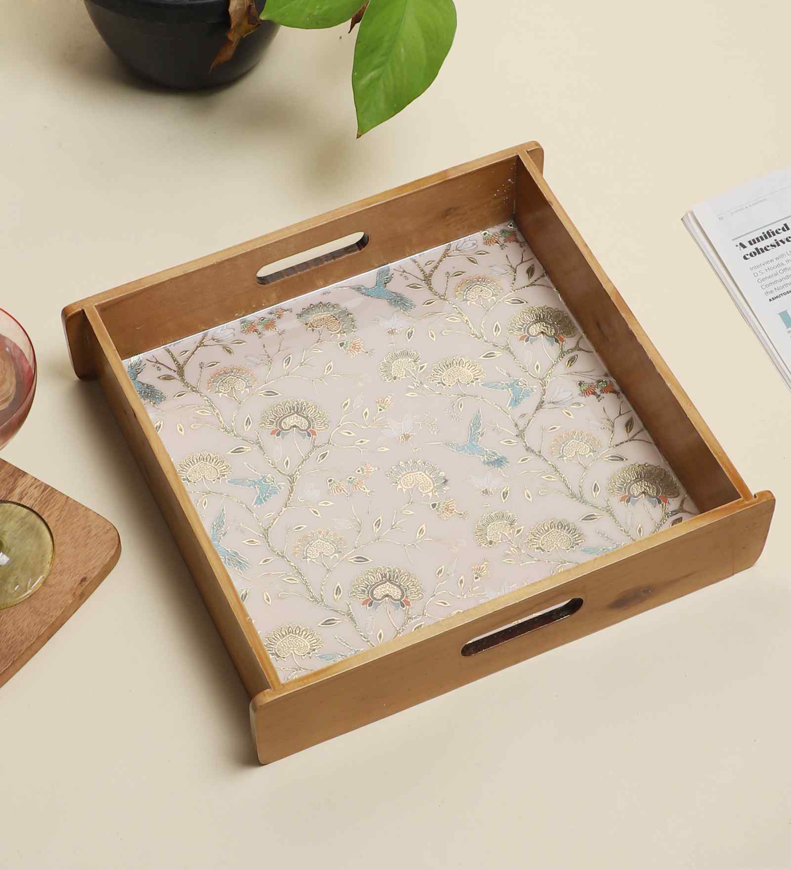 Whispering Blooms Square Wooden Tray