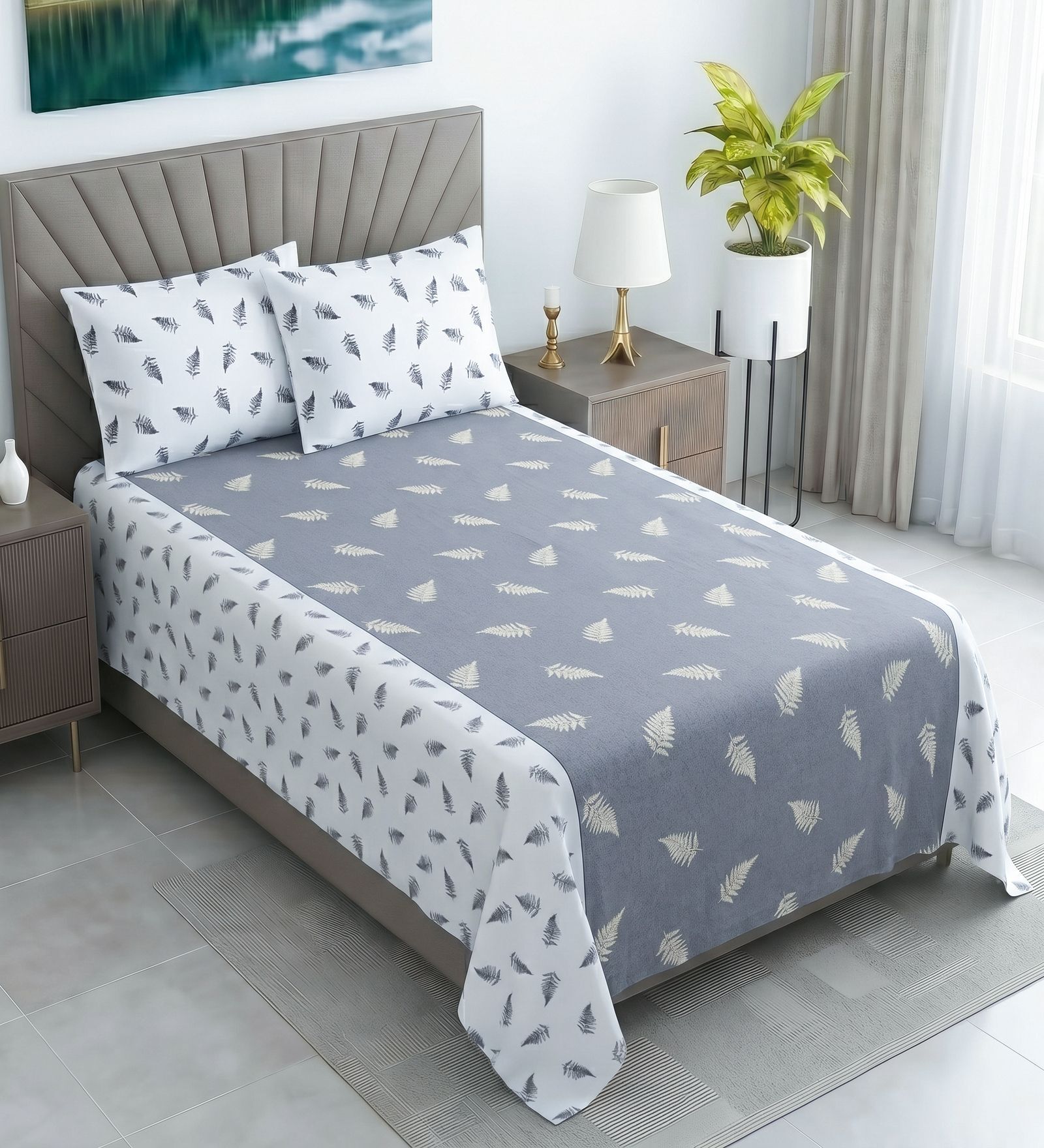 Whit & Grey Shade Floral 400 TC Cotton Single Bed Size Flat Bedsheet With 2 Pillow Covers