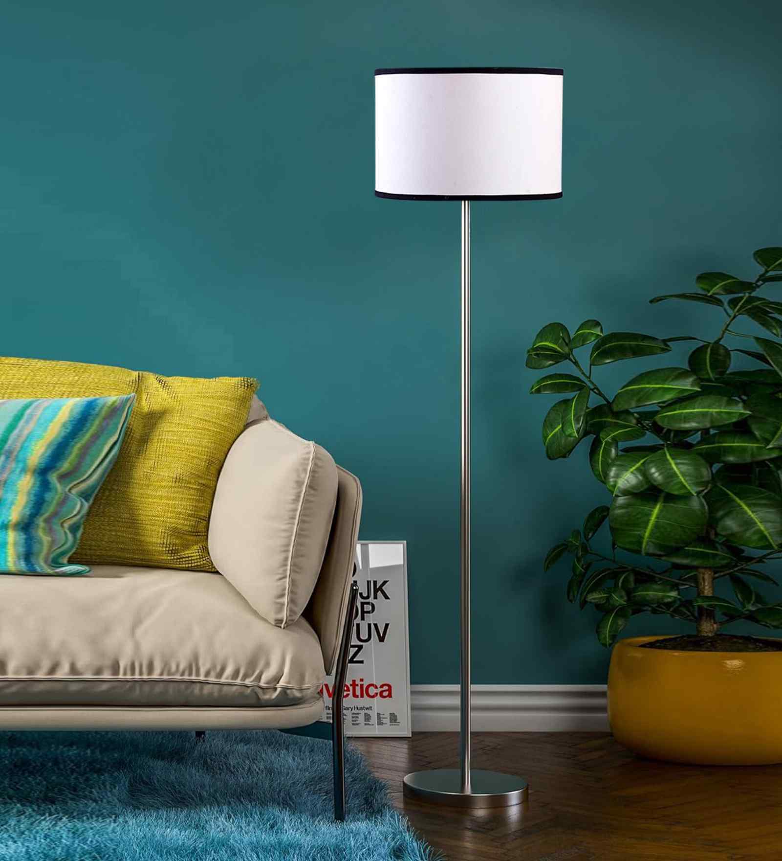 White & Cotton Drum Shade Steel Floor Lamp Steel Base