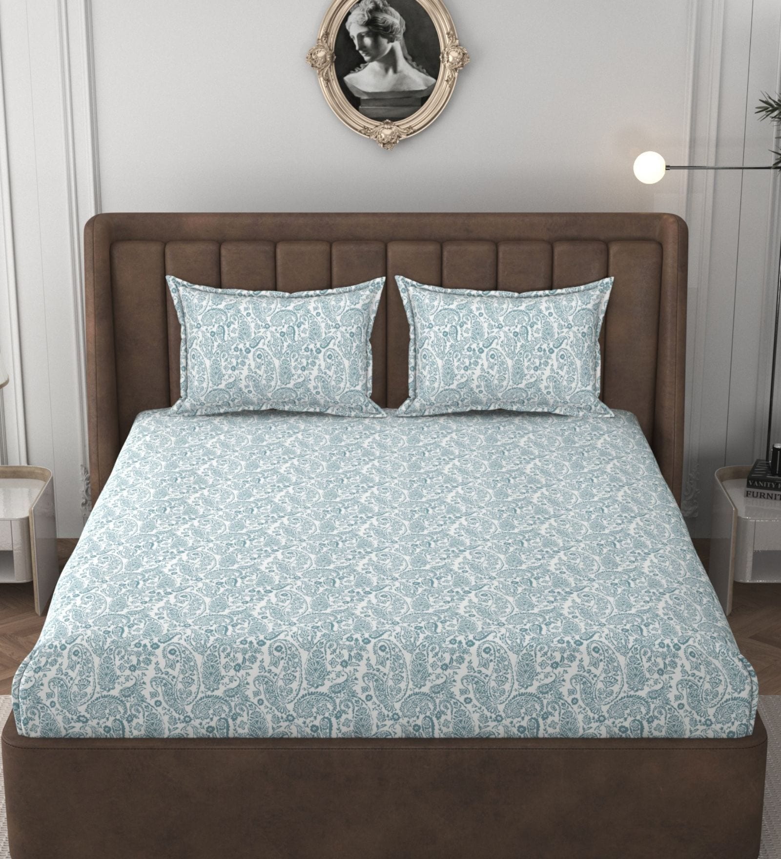 White & Aqua Glace Cotton Paisley Print Elastic Fitted King Bedsheet With 2 Pillow Covers