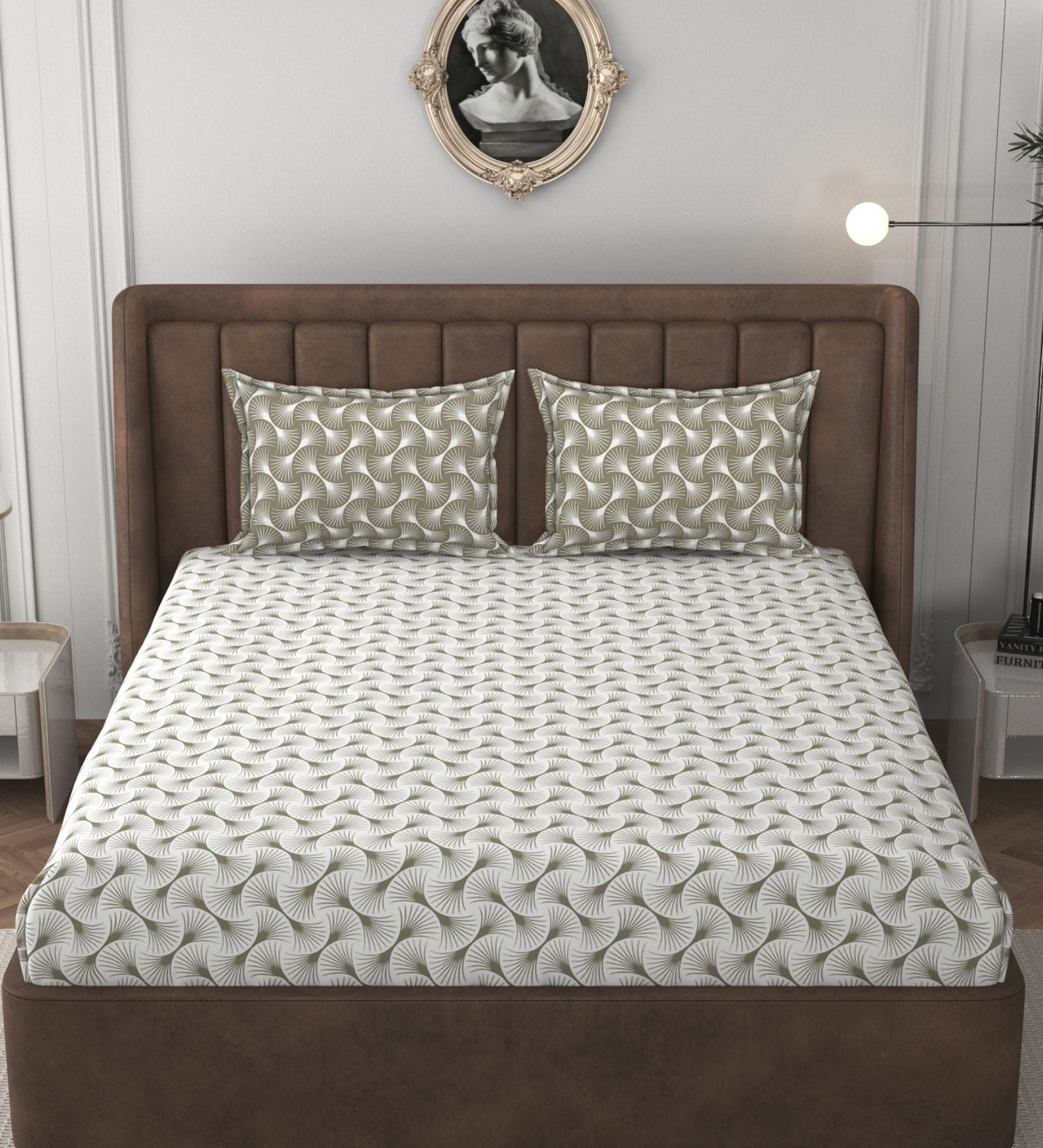 White & Beige Glace Cotton Self Design Elastic Fitted King Bedsheet With 2 Pillow Covers