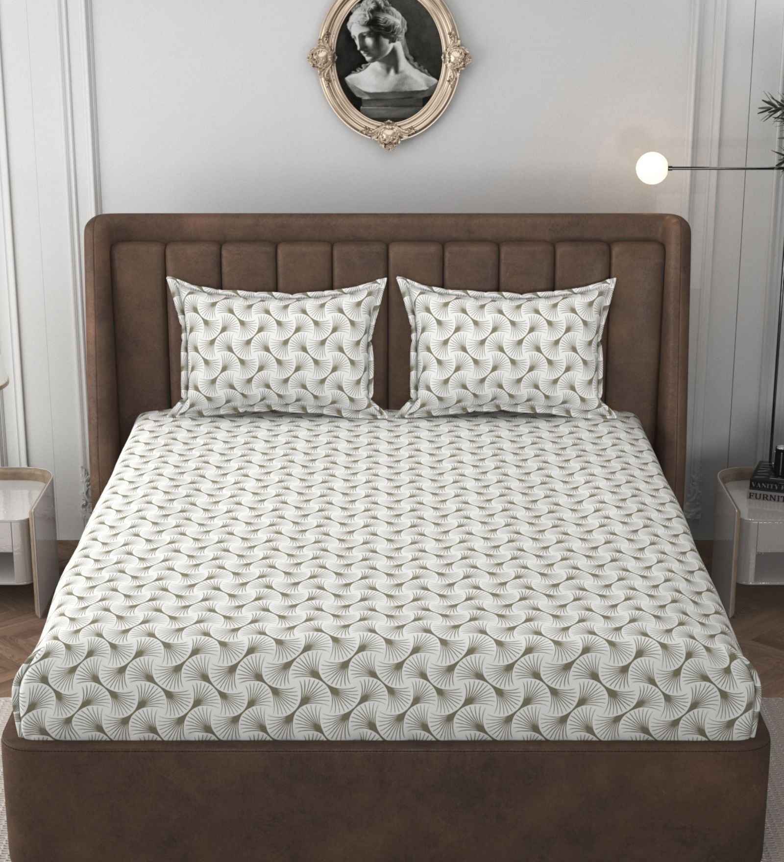 White & Beige Glace Cotton Self Design Elastic Fitted King Bedsheet With 2 Pillow Covers