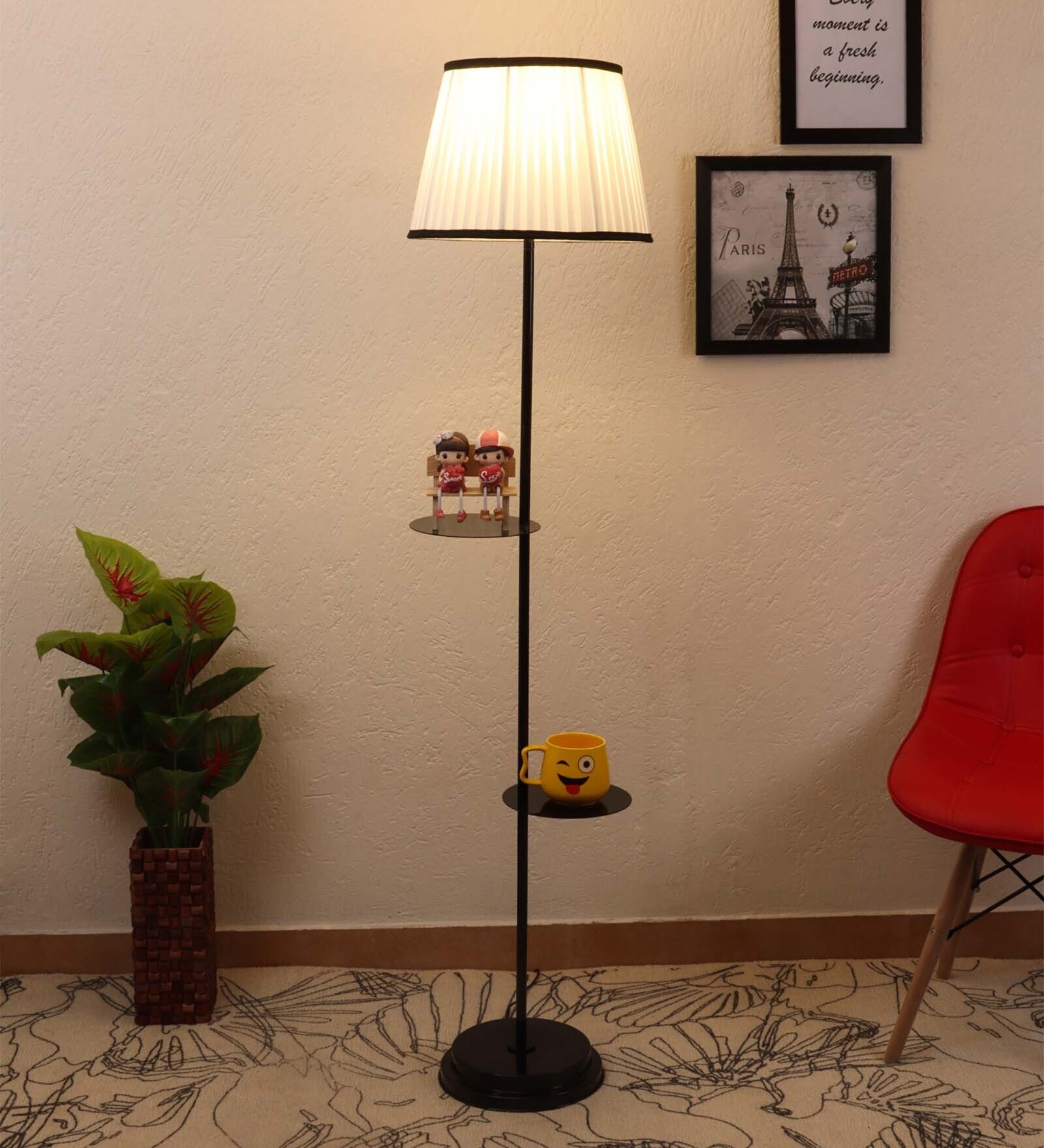 Plazo White & Black Cotton and Polyvinyl Shade Shelf Floor Lamp With Iron Base