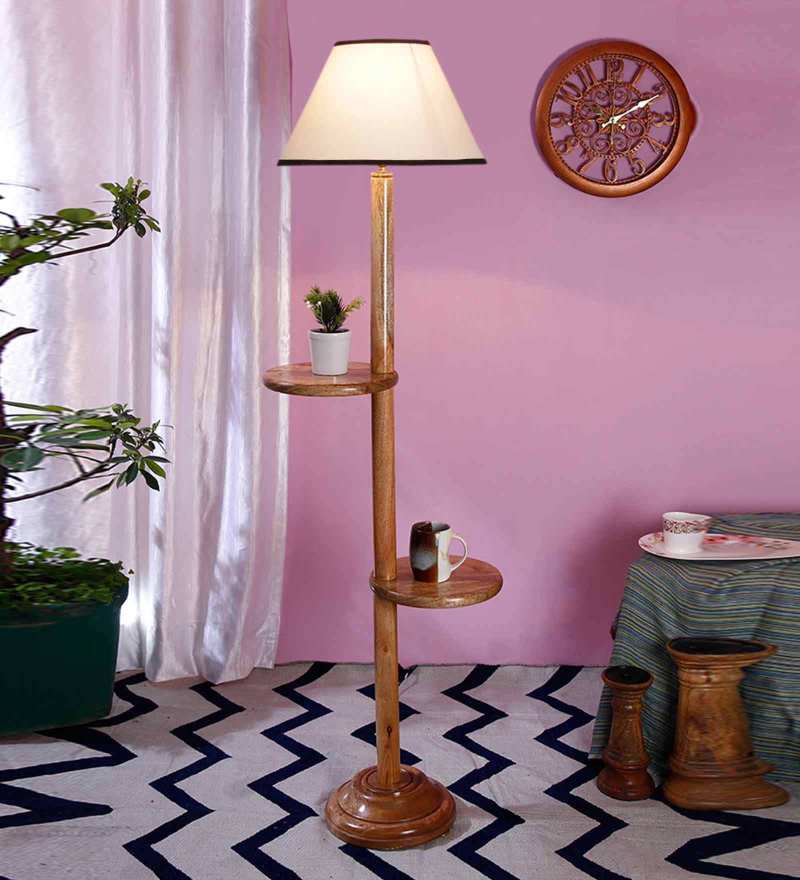 White & Black Cotton Conical Wooden Floor Lamp