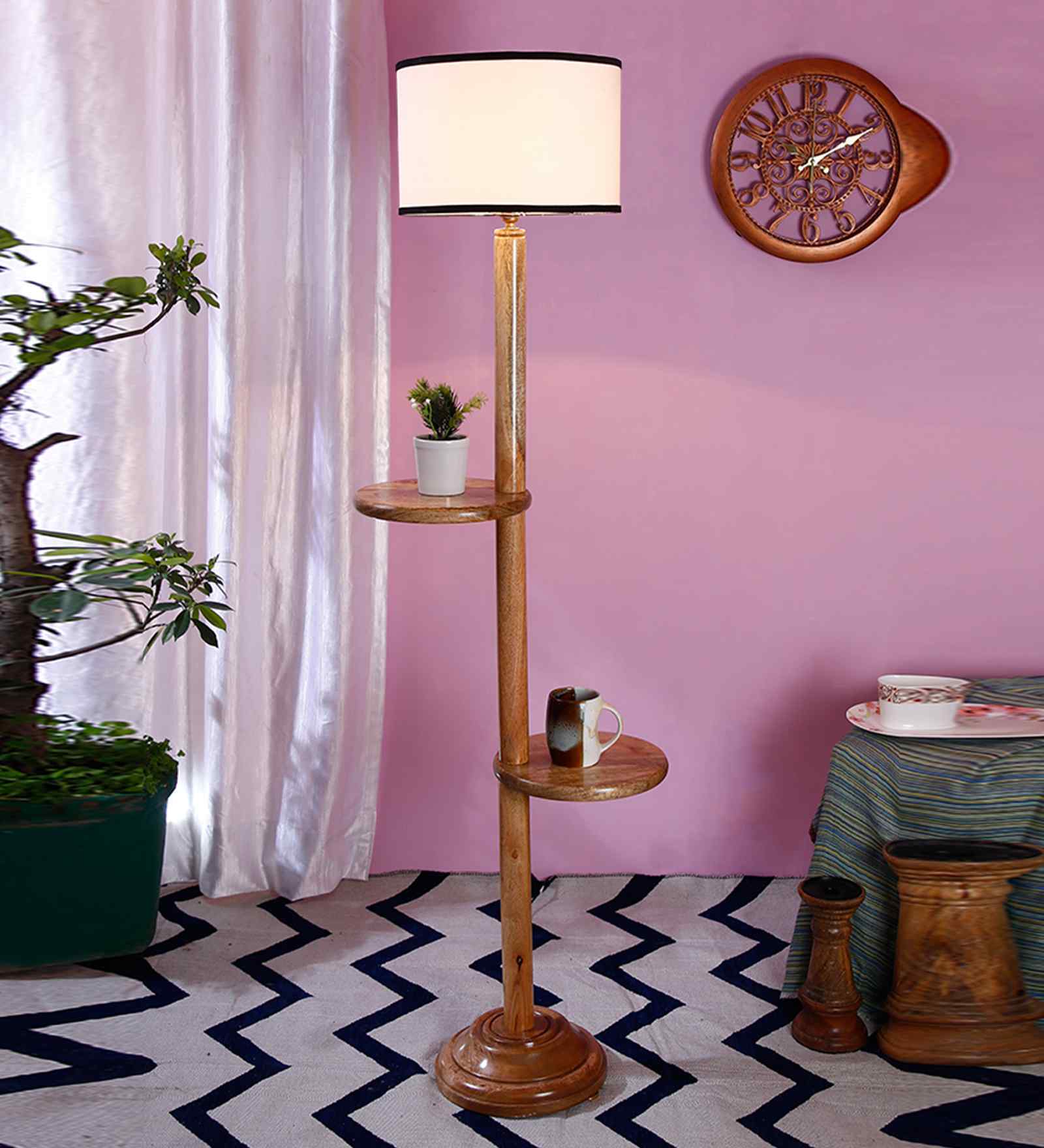 White & Black Cotton Drum Wooden Floor Lamp