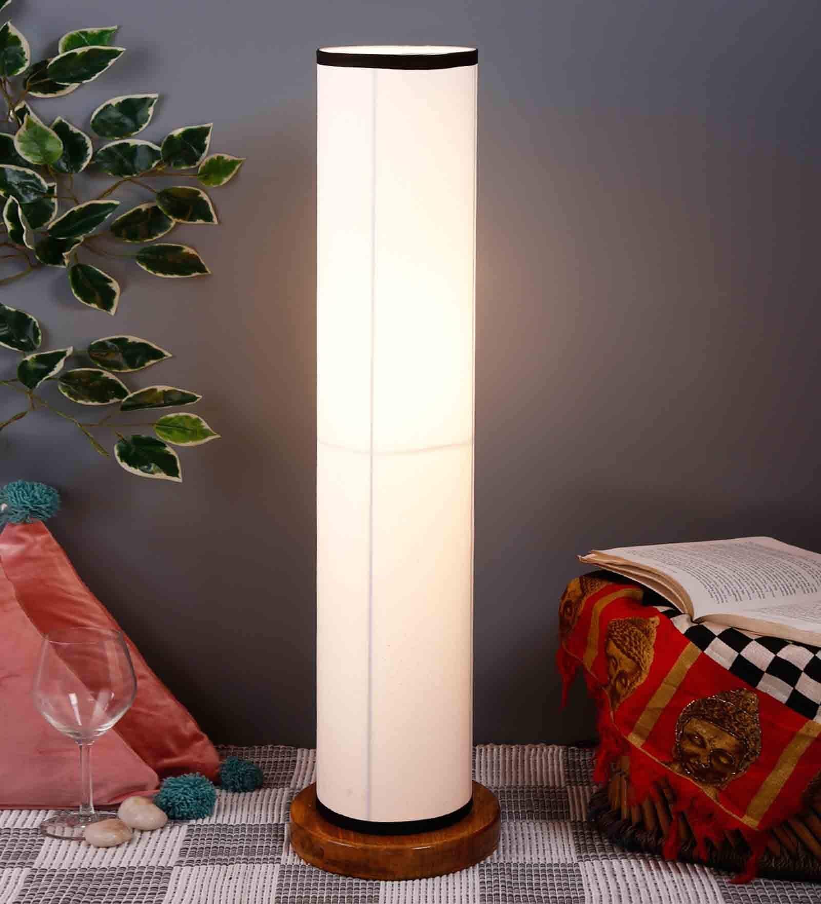 White & Black Cotton Shade Column Floor Lamp With Wood Base