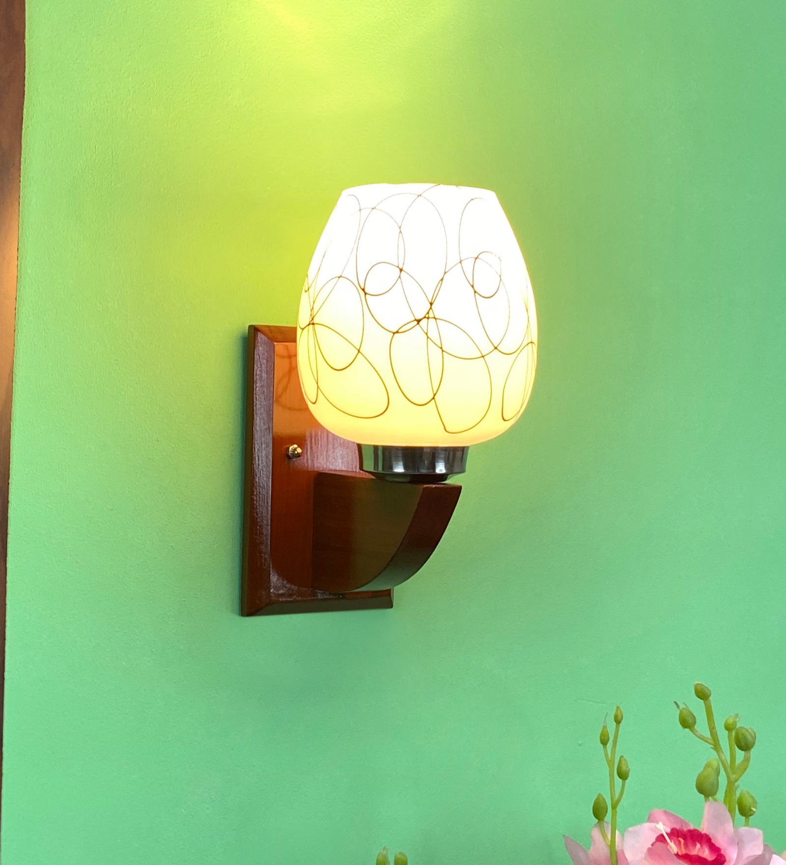 White & Black E27 holder Wood & Glass Uplight Wall Scone