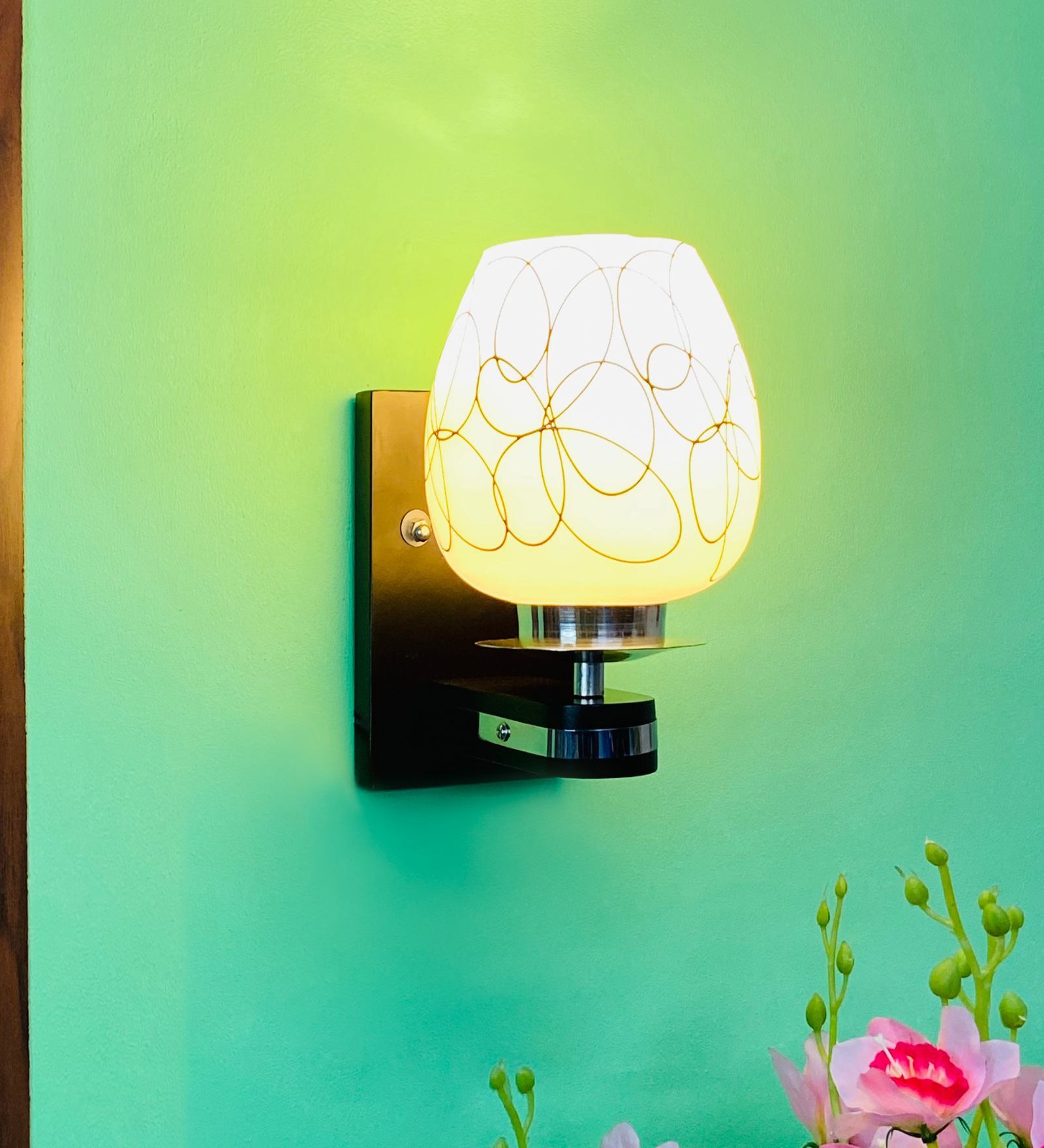 White & Black E27 holder Wood & Glass Uplight Wall Scone