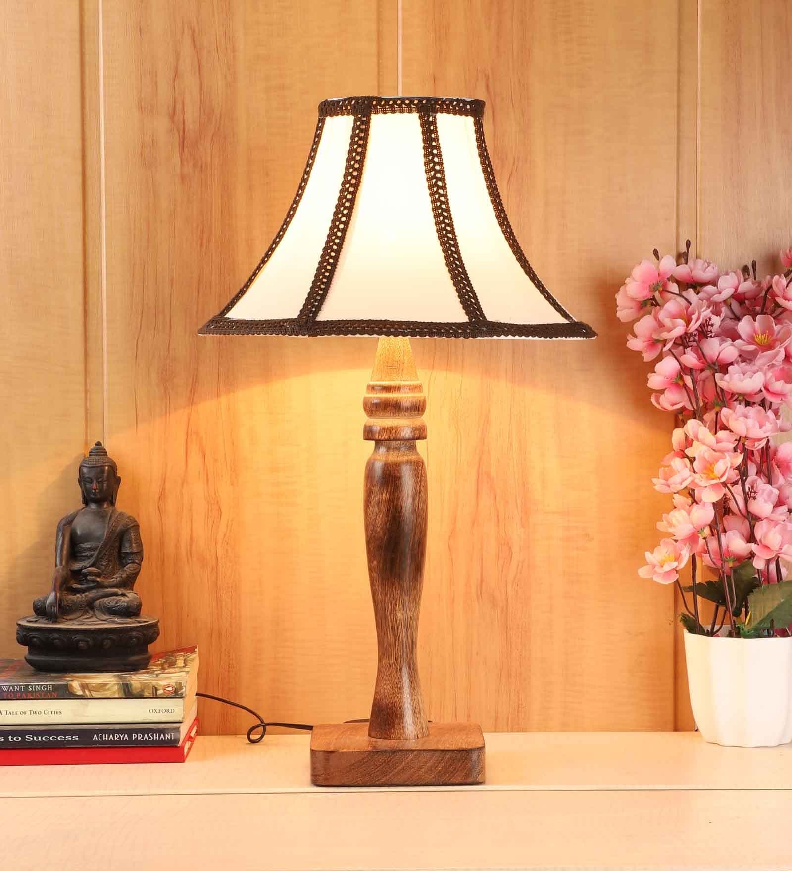 Lyon White & Black Fabric Shade Night Lamp With Mango wood Base